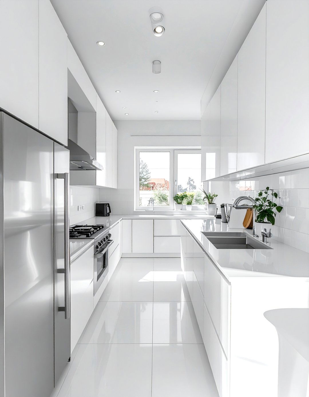 All White Kitchen with Pops of Stainless Steel - 25 White Kitchen with Stainless Steel Appliances Ideas