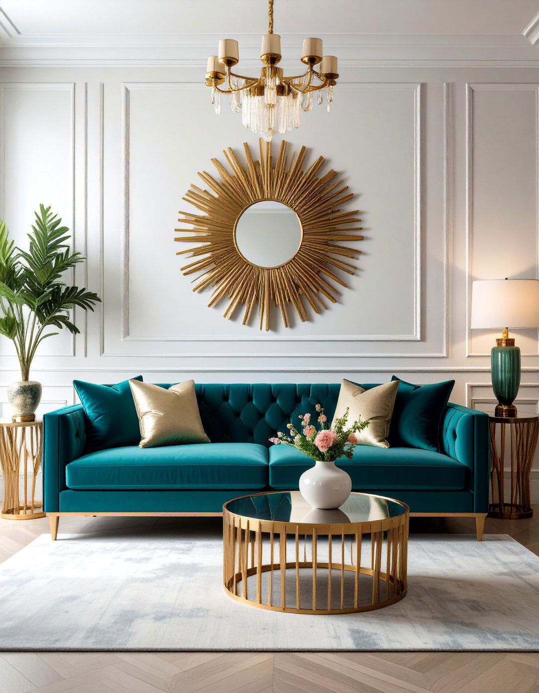Art Deco Inspired Room with a Teal Couch - 20 Teal Couch Living Room Ideas for a Stylish Look