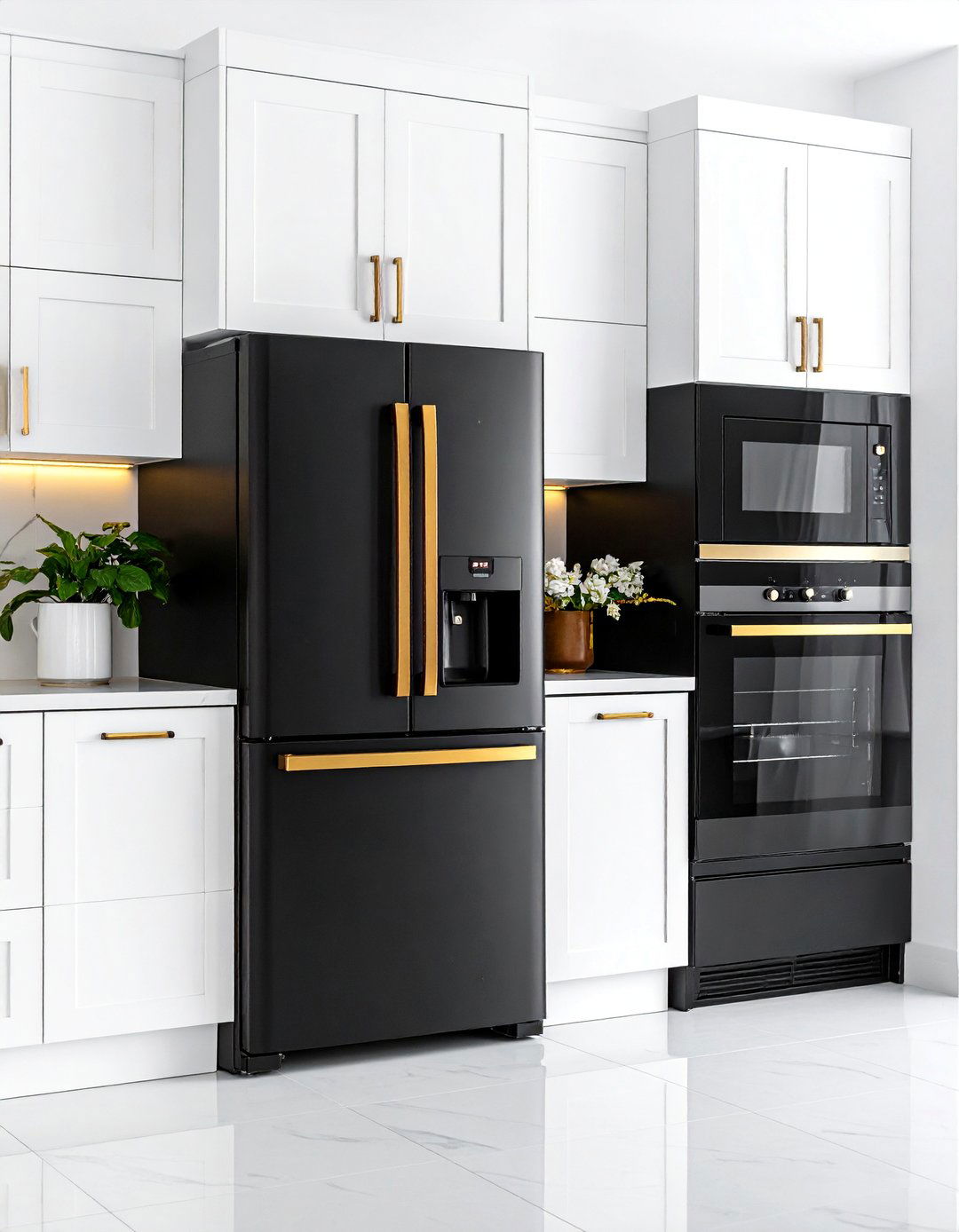 Black Appliances with Gold Handles - 25 Black White and Gold Kitchen Ideas for Elegance