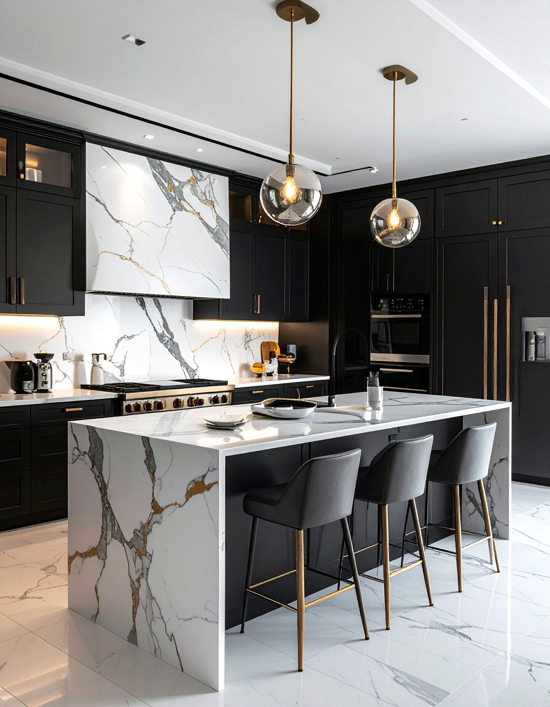 Black Cabinetry with a White Marble Backsplash - 25 Black White and Gold Kitchen Ideas for Elegance