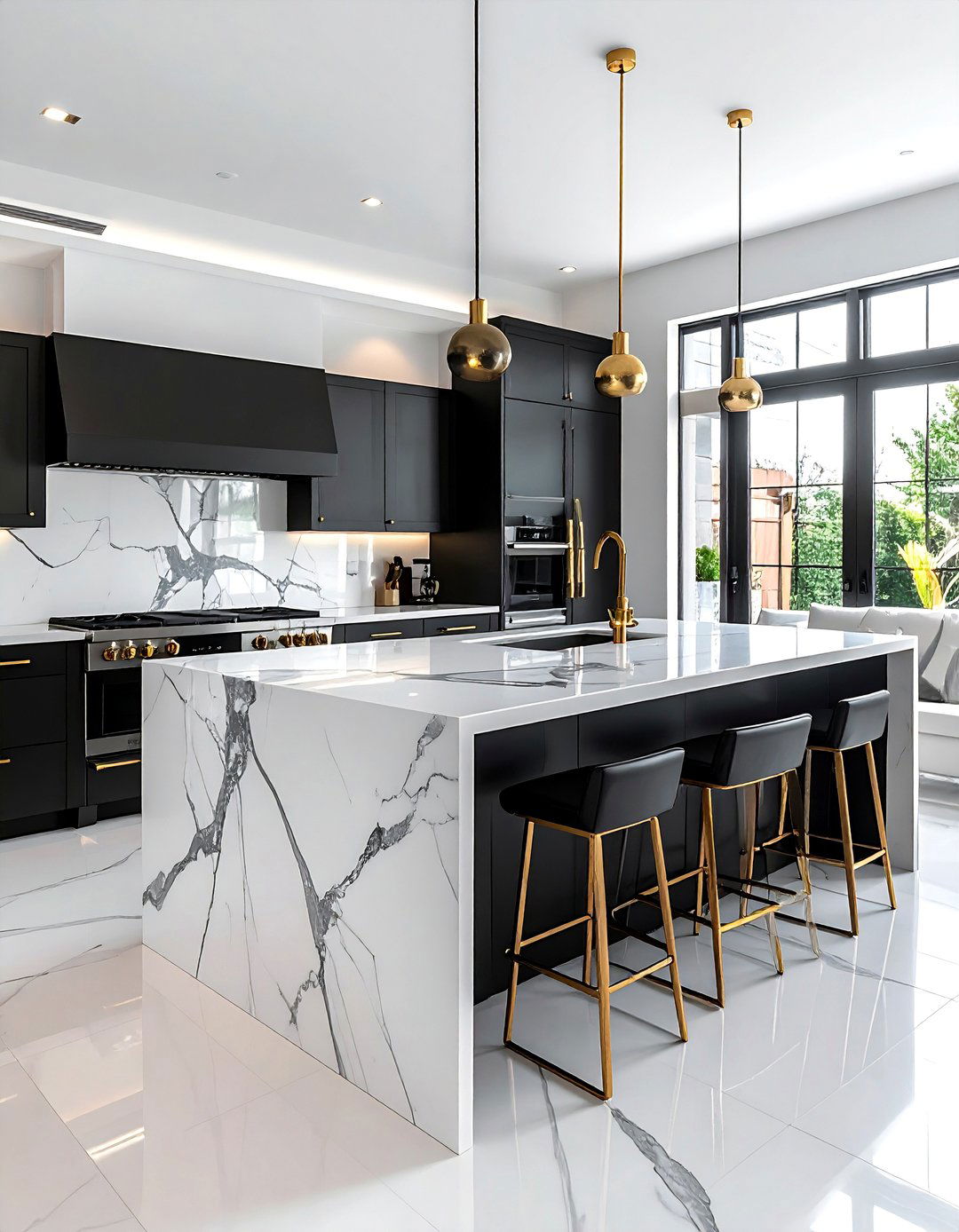 Black Kitchen Island with a White Waterfall Countertop - 25 Black White and Gold Kitchen Ideas for Elegance