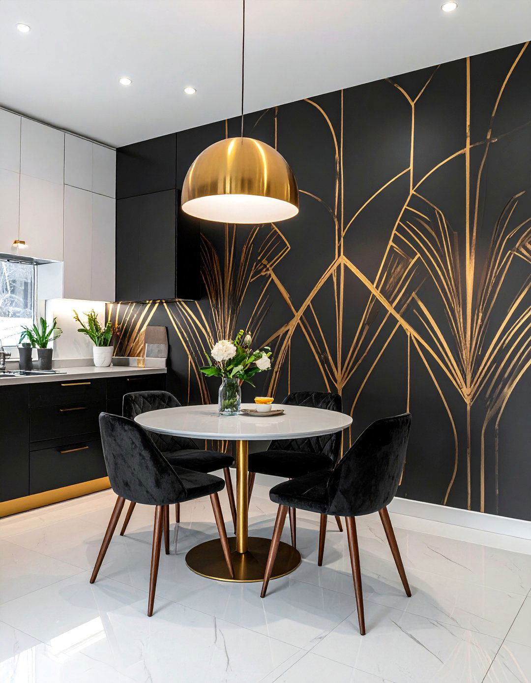 Black and Gold Wallpaper Accent Wall - 25 Black White and Gold Kitchen Ideas for Elegance