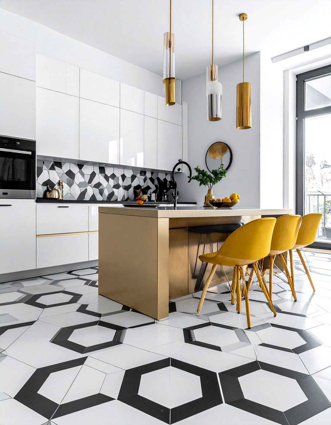 Black and White Geometric Floor Tiles - 25 Black White and Gold Kitchen Ideas for Elegance