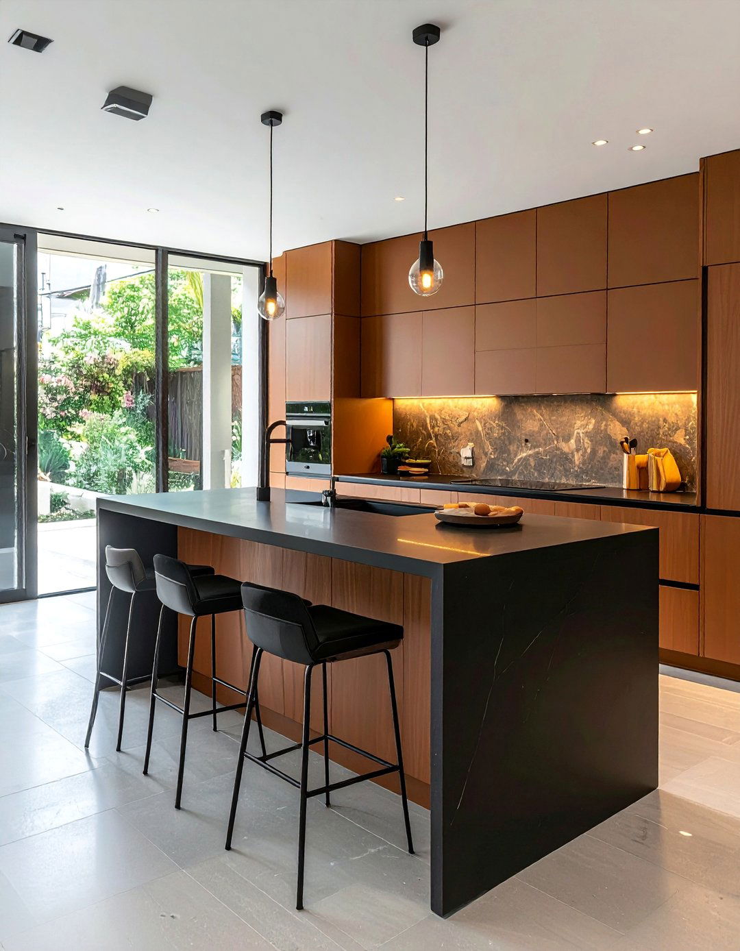 Brown Base Cabinets With Black Countertops on a Peninsula - 25 Brown Kitchen Cabinets With Black Countertops Ideas