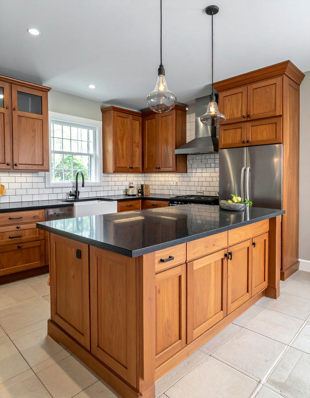 Brown Cabinets With A Black Countertop and A White Subway Tile Backsplash - 25 Brown Kitchen Cabinets With Black Countertops Ideas