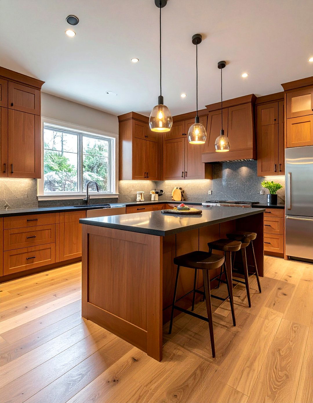 Brown Cabinets With Black Countertops and Hardwood Flooring - 25 Brown Kitchen Cabinets With Black Countertops Ideas