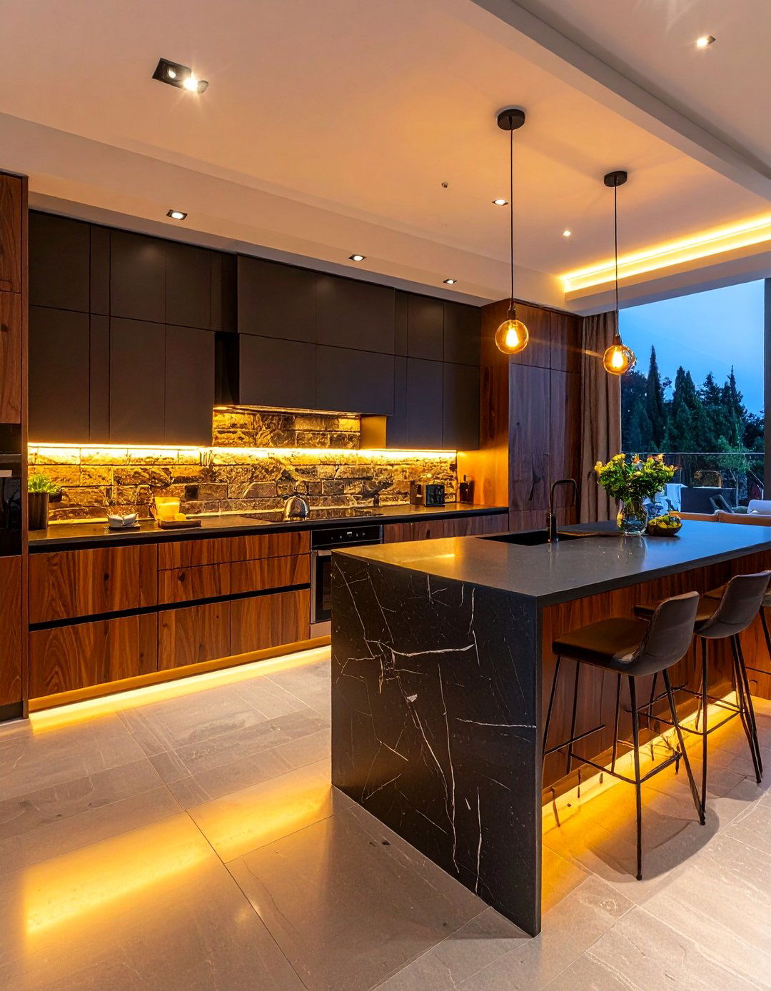 Brown Cabinets With Black Countertops and Integrated Under Cabinet Lighting - 25 Brown Kitchen Cabinets With Black Countertops Ideas