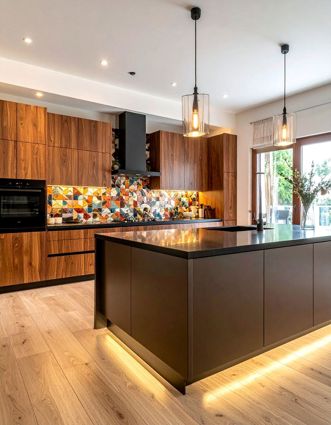 Brown Cabinets With Black Countertops and a Colorful Mosaic Backsplash - 25 Brown Kitchen Cabinets With Black Countertops Ideas