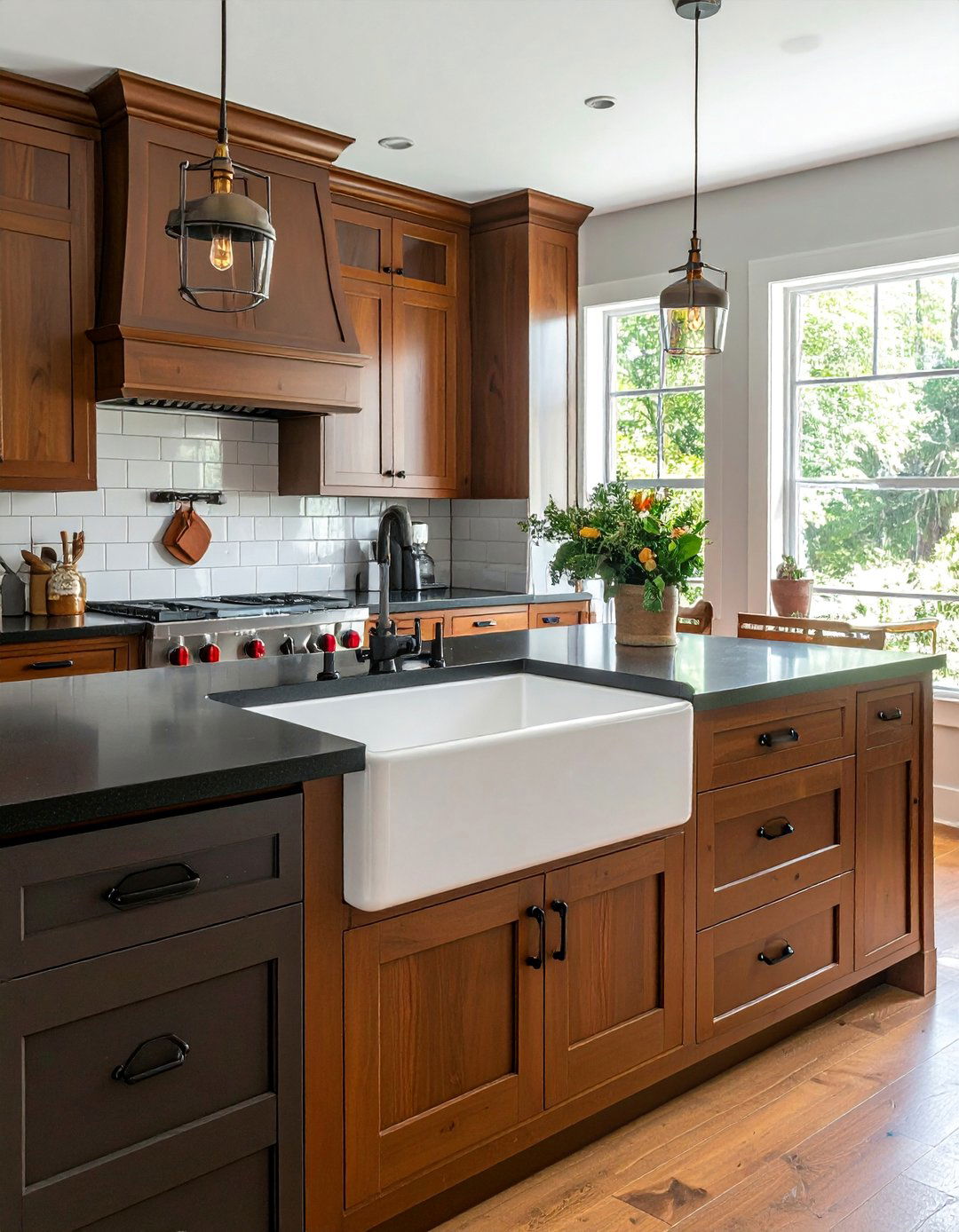 Brown Cabinets With Black Countertops and a Farmhouse Sink - 25 Brown Kitchen Cabinets With Black Countertops Ideas