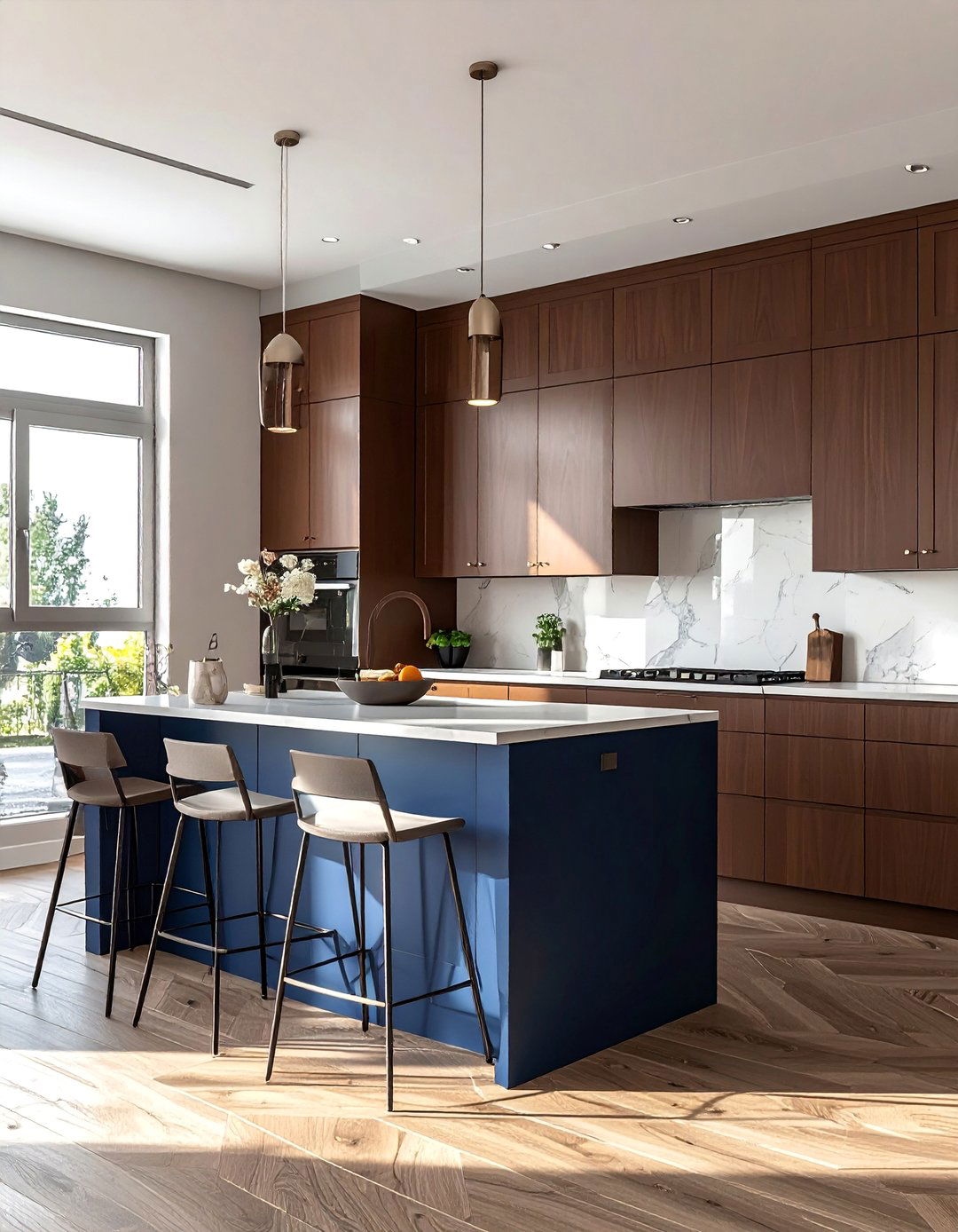 Brown Cabinets with a Contrasting Island - 25 Brown Kitchen Cabinets Ideas for a Warm and Cozy Look