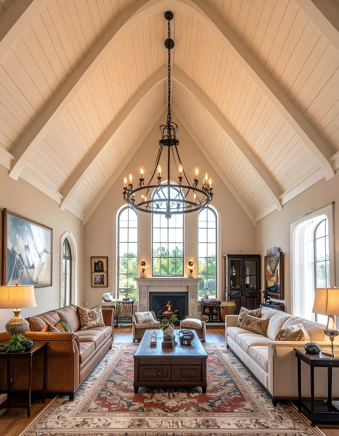 Cathedral Farmhouse Ceiling with a Chandelier - 20 Farmhouse Ceiling Ideas to Add Character to Your Home