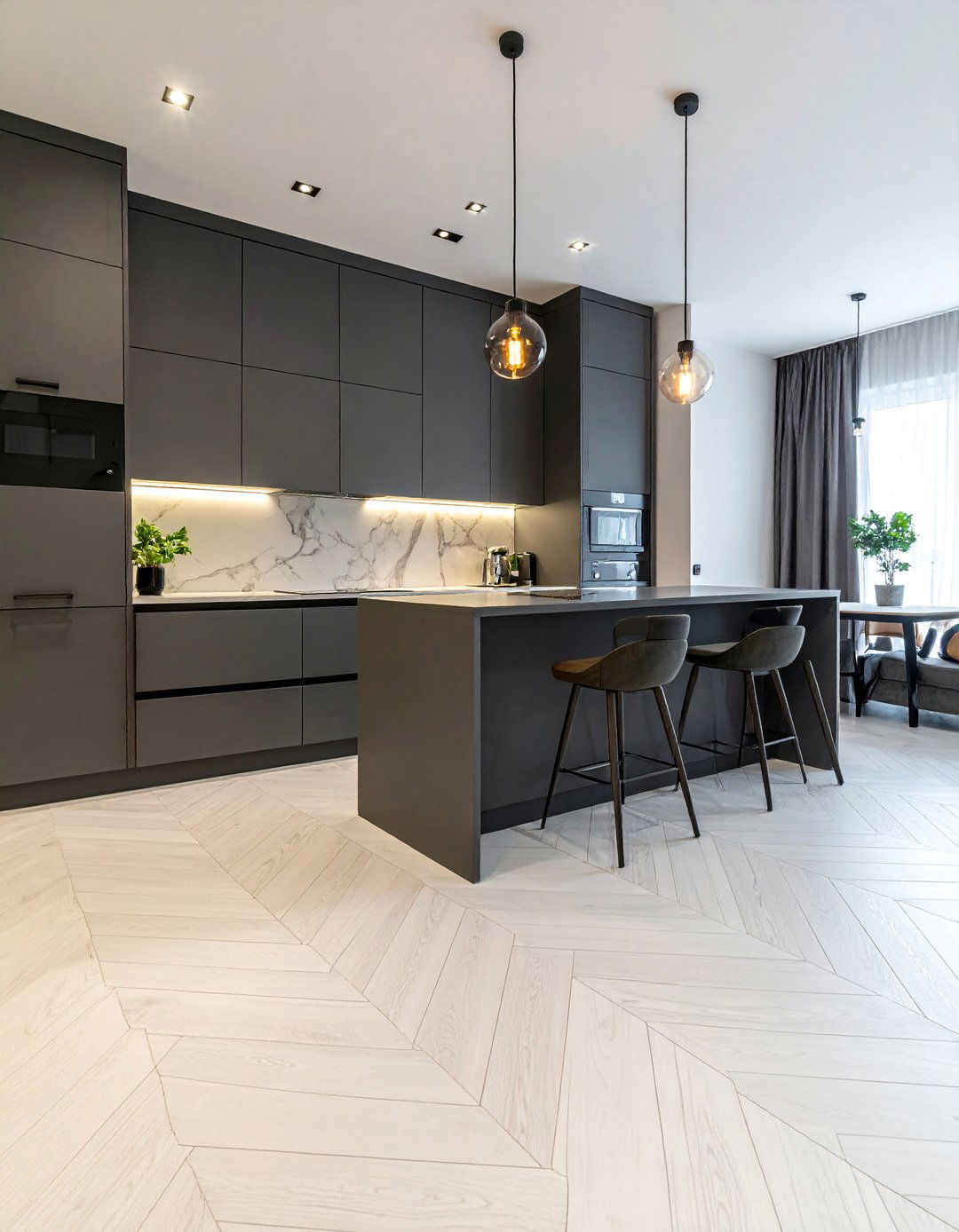 Chevron Layout White Wood Look Kitchen Floor Tile - 25 White Kitchen Floor Ideas for a Clean Look