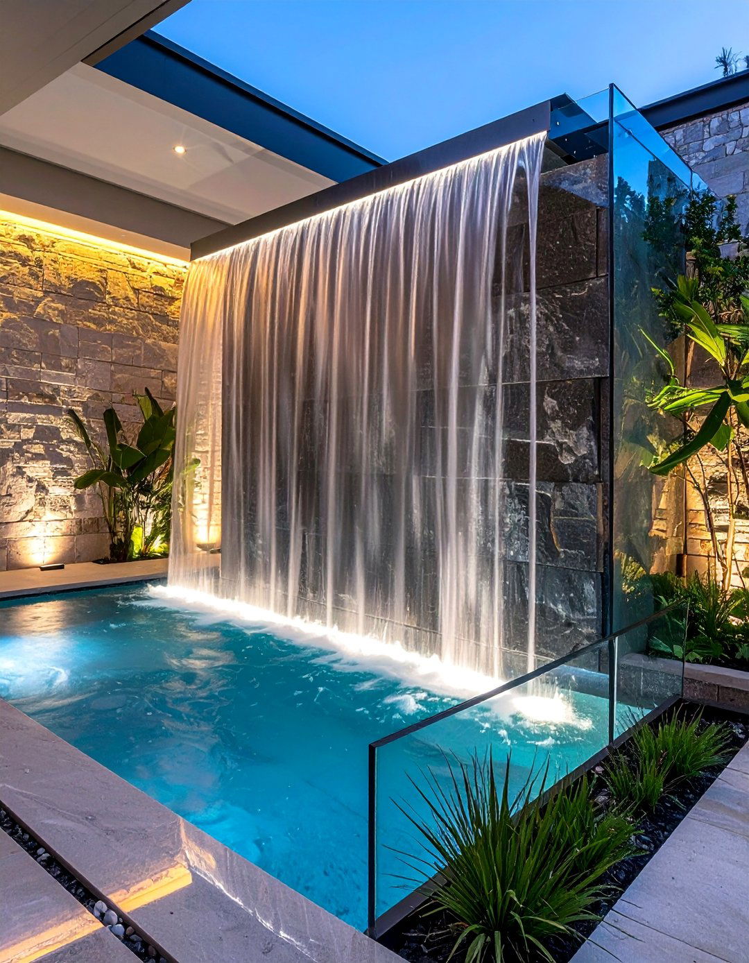 Contemporary Glass Panel Features - 25 Waterfall Design Ideas for a Serene Outdoor Space
