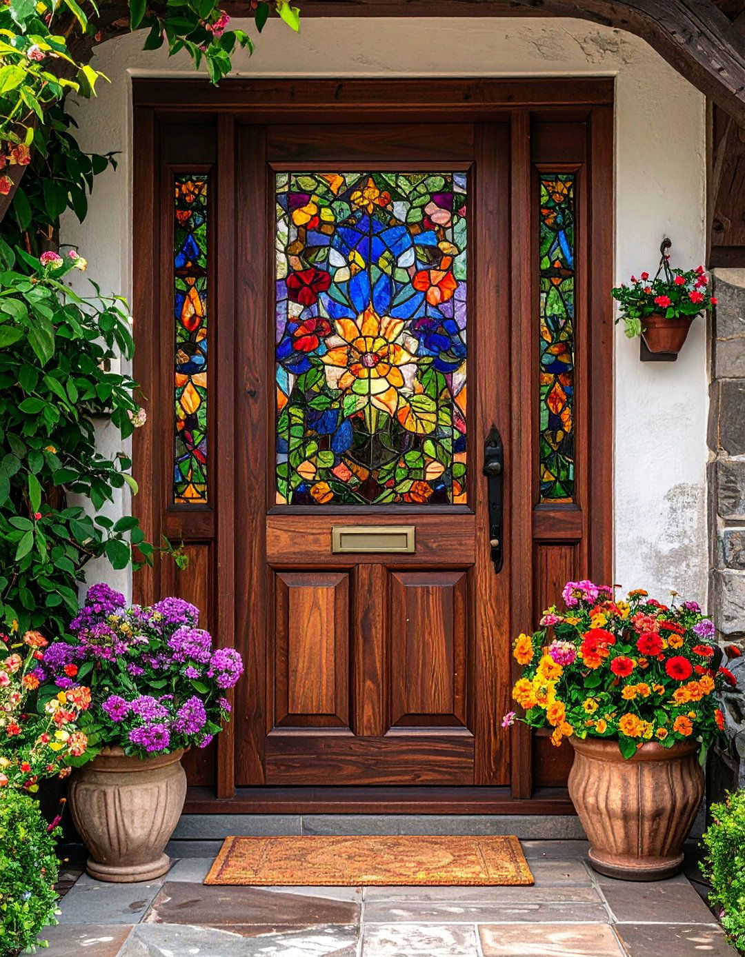 Cottage Front Door with Stained Glass Accents - 25 Cottage Front Door Ideas for a Charming Entryway
