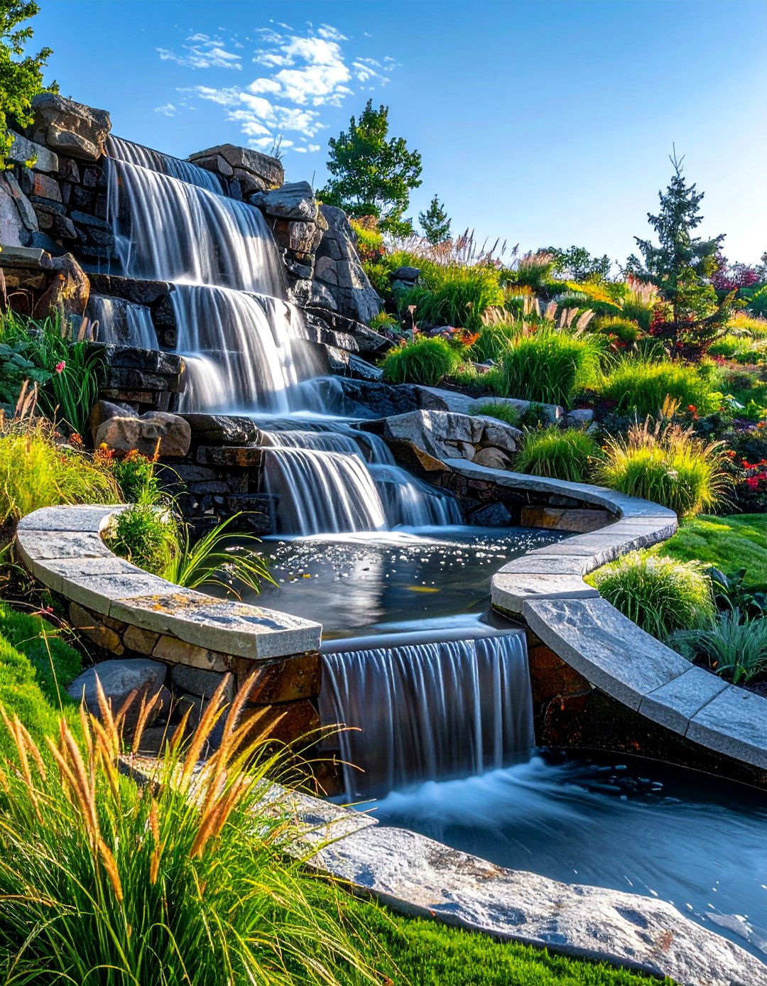 Curved Stone Spillway Features - 25 Waterfall Design Ideas for a Serene Outdoor Space