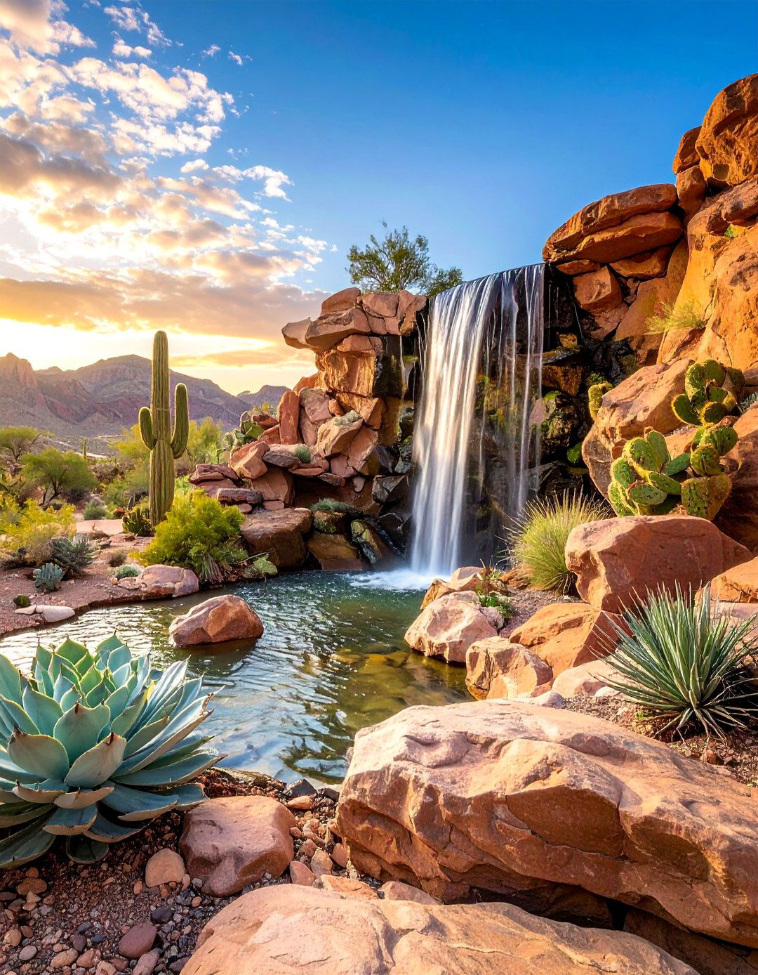 Desert Themed Rock Features - 25 Waterfall Design Ideas for a Serene Outdoor Space