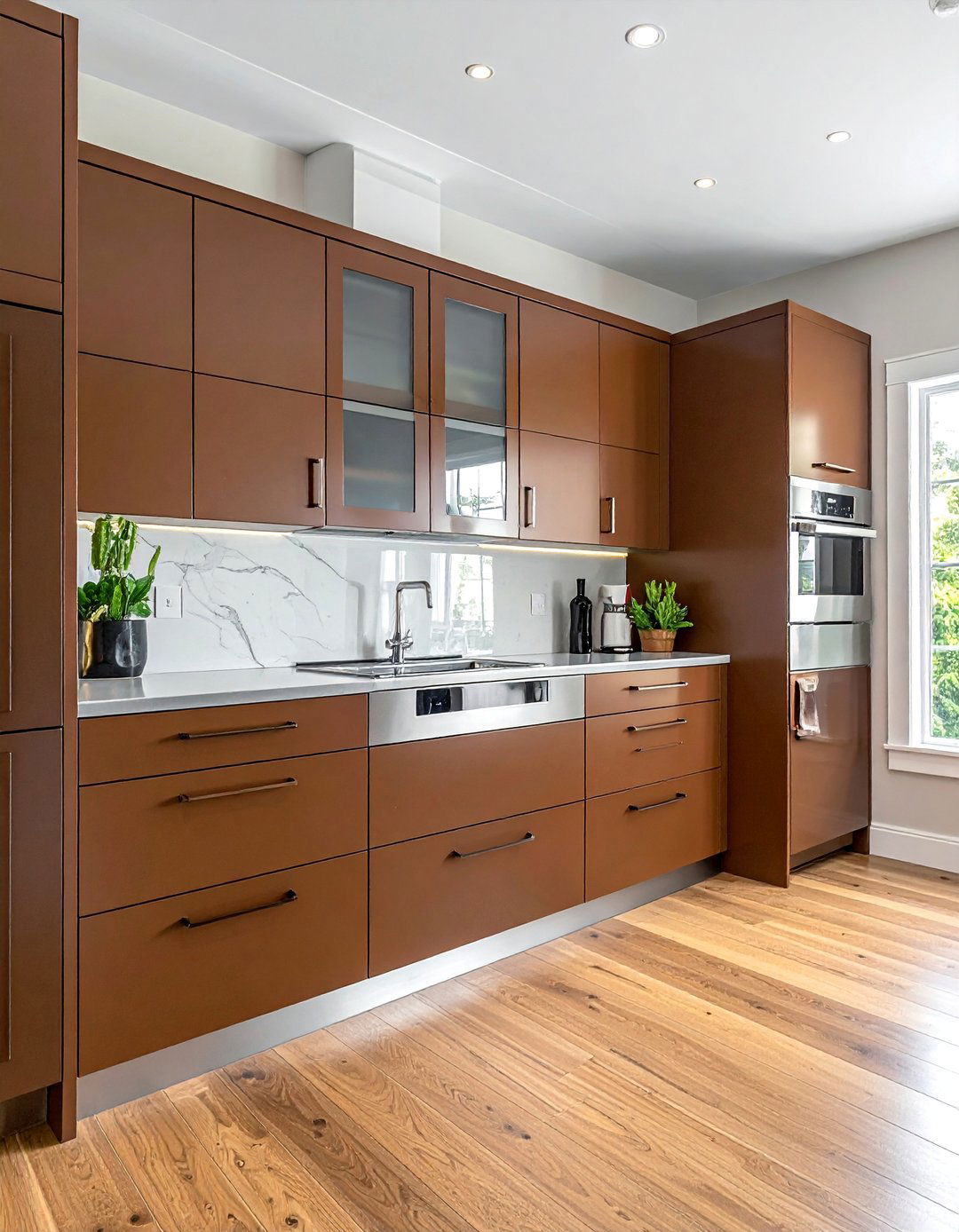 Espresso Brown Kitchen Cabinets with Frosted Glass - 25 Brown Kitchen Cabinets Ideas for a Warm and Cozy Look