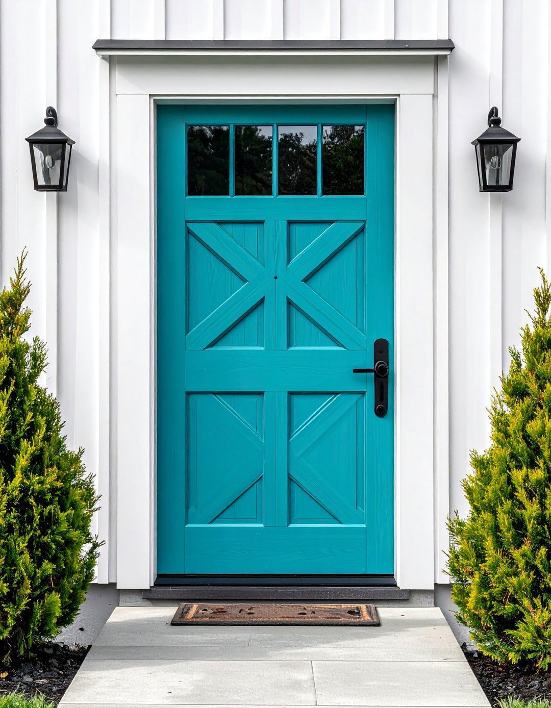 Farmhouse Style Turquoise Front Door with Paneling - 20 Turquoise Front Door Ideas to Boost Curb Appeal