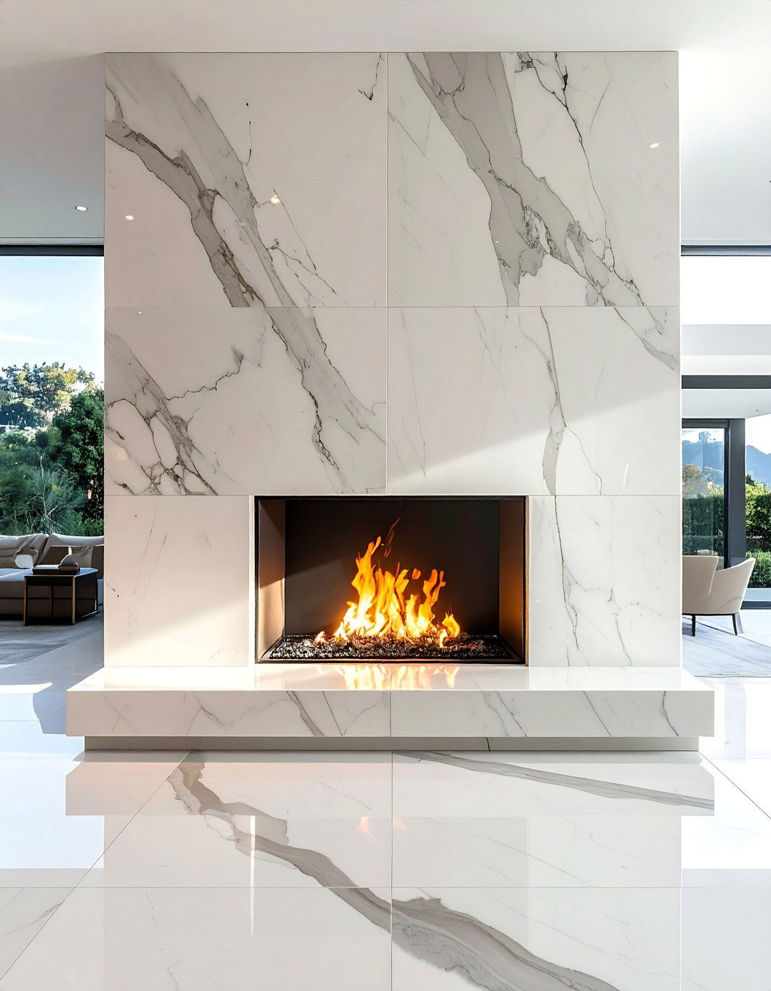Floor to Ceiling Transitional Fireplace with Marble Slabs - 20 Transitional Fireplace Ideas for a Timeless Look
