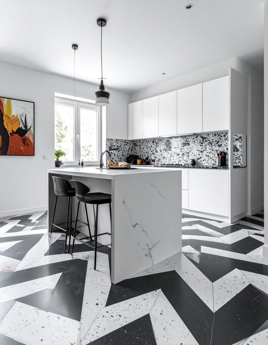 Geometric Patterned Terrazzo Kitchen Floor - 20 Terrazzo Kitchen Floor Ideas for a Unique Look