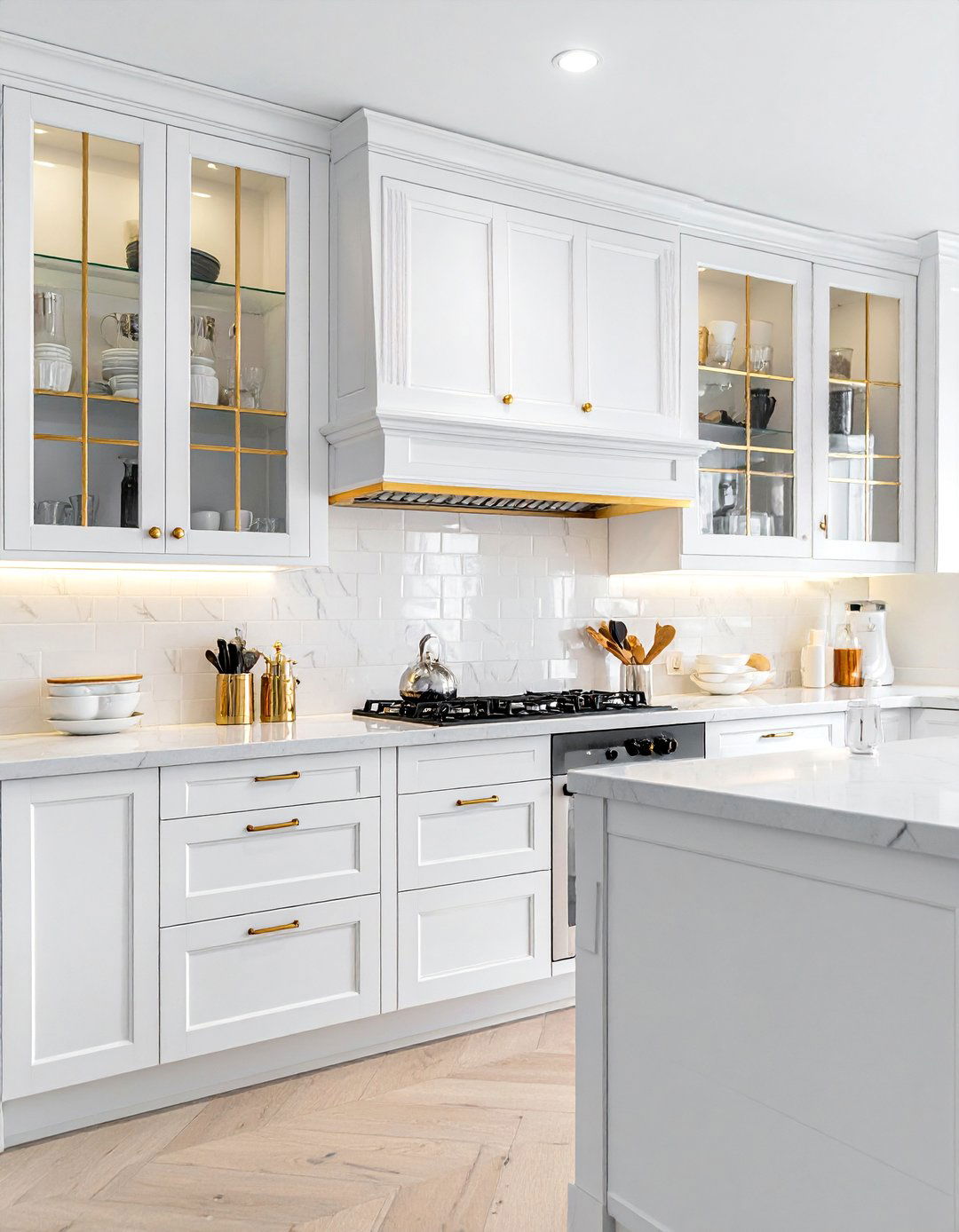 Glass Front Cabinets with Gold Mullions - 25 Black White and Gold Kitchen Ideas for Elegance