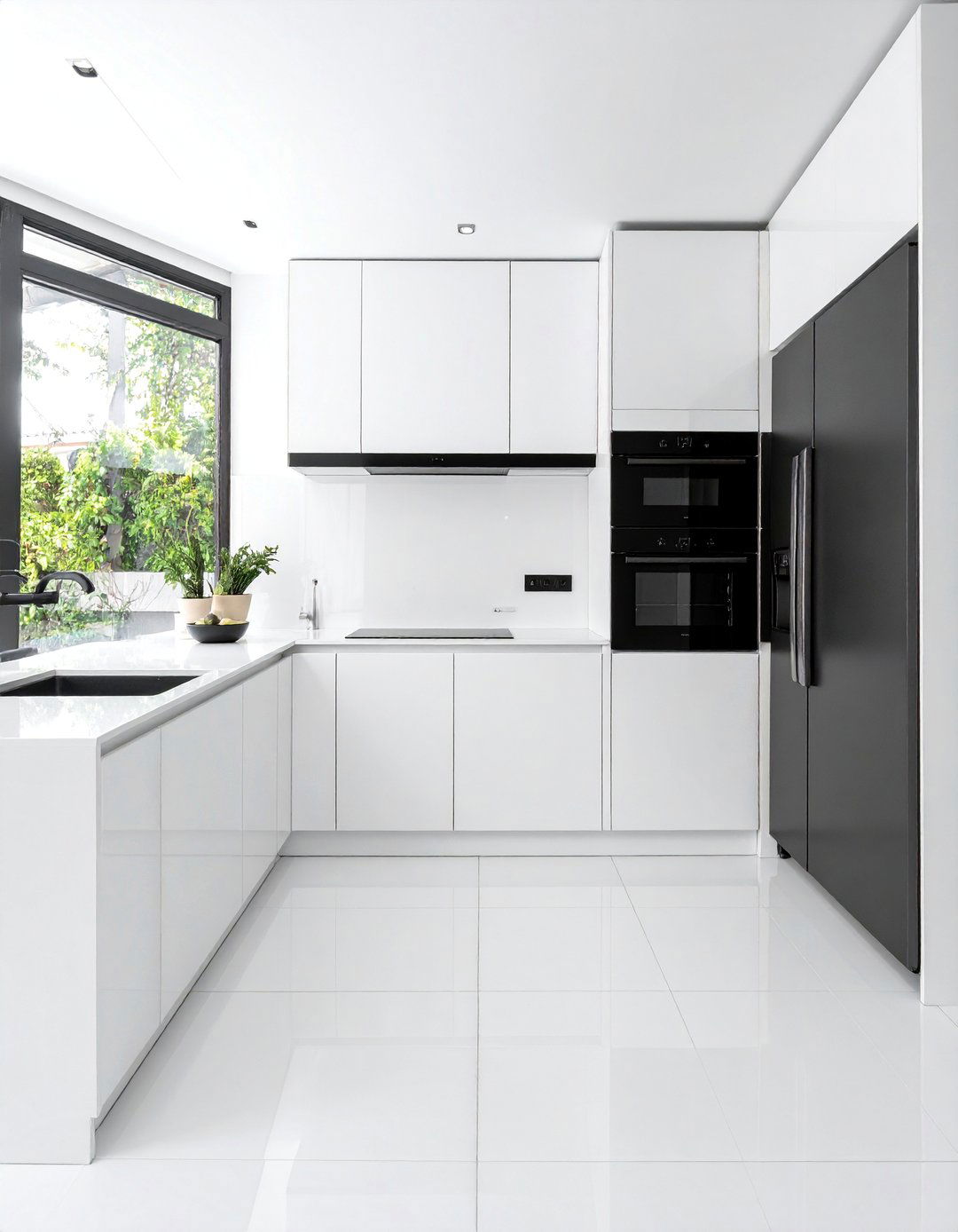 Glossy White Cabinets with Integrated Black Appliances - 25 White Kitchen with Black Appliances Ideas