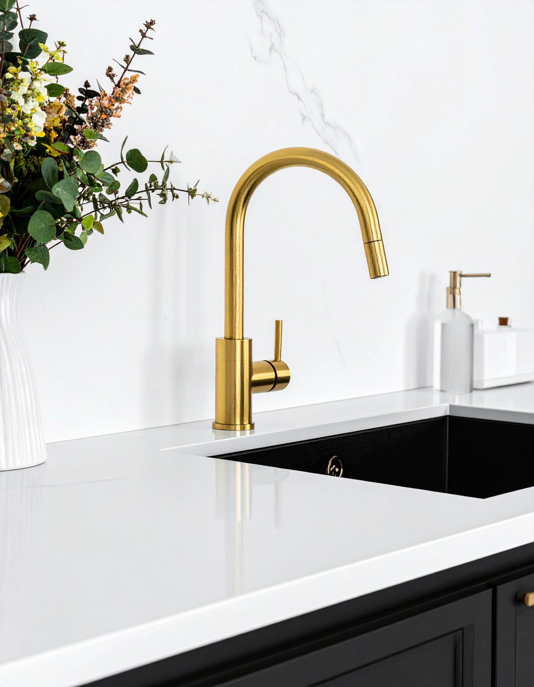Gold Faucets and Sink Fixtures - 25 Black White and Gold Kitchen Ideas for Elegance
