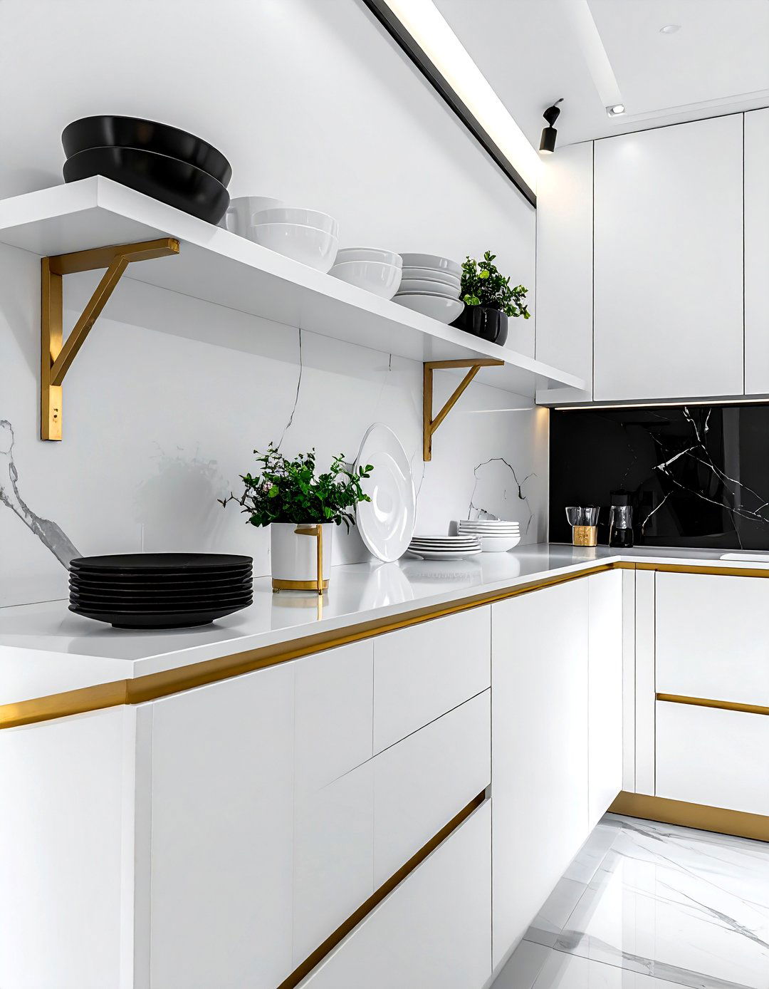 Gold Lined Open Shelving - 25 Black White and Gold Kitchen Ideas for Elegance