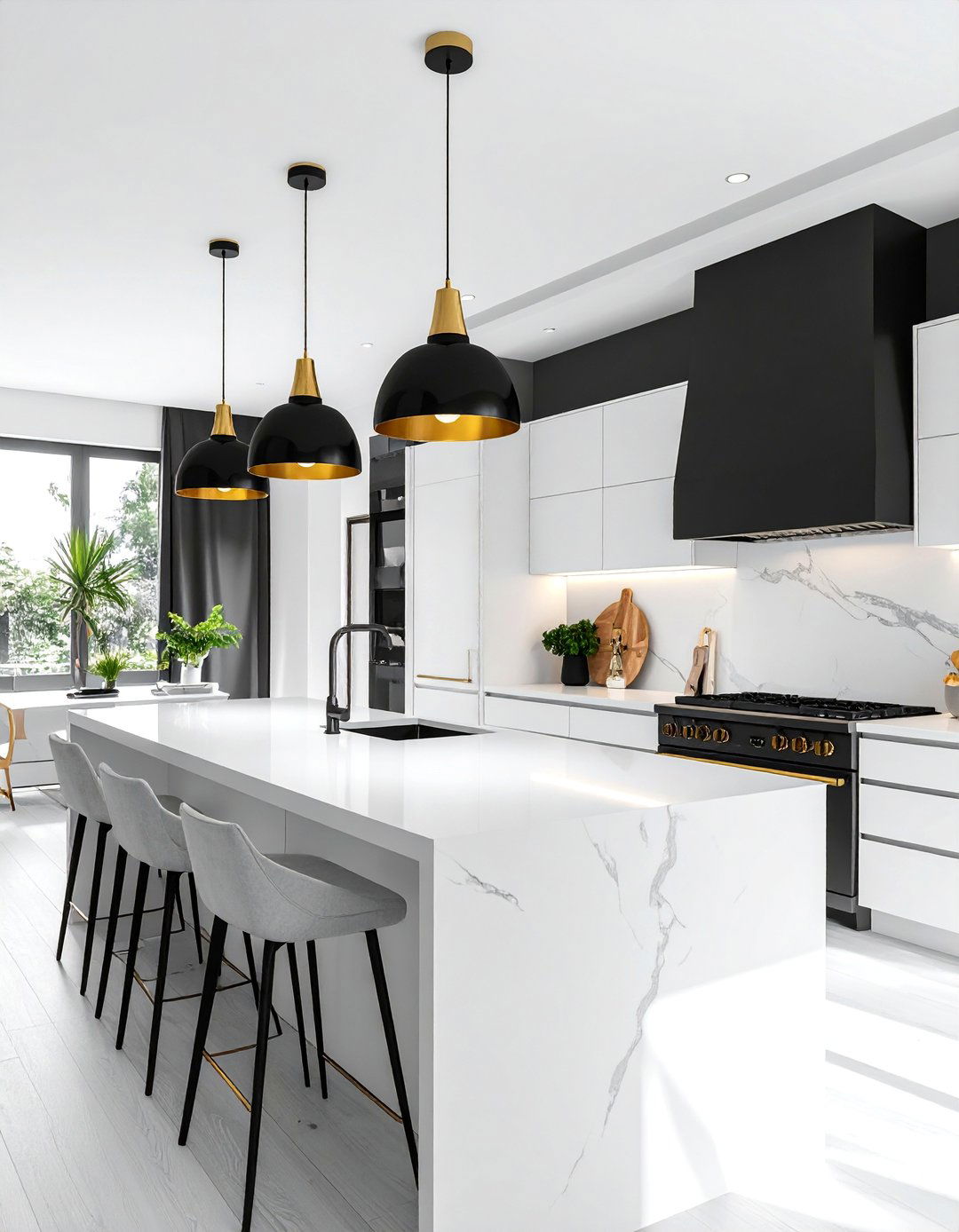 Gold and Black Pendant Lighting Over a Kitchen Island - 25 Black White and Gold Kitchen Ideas for Elegance