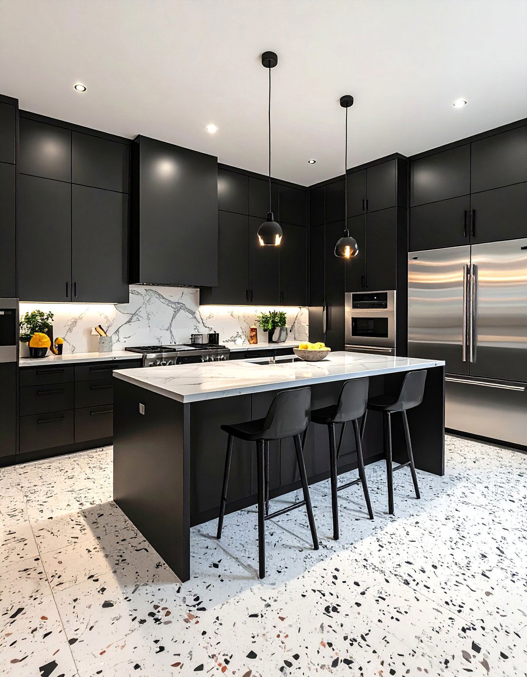 High Contrast Terrazzo Kitchen Floor - 20 Terrazzo Kitchen Floor Ideas for a Unique Look