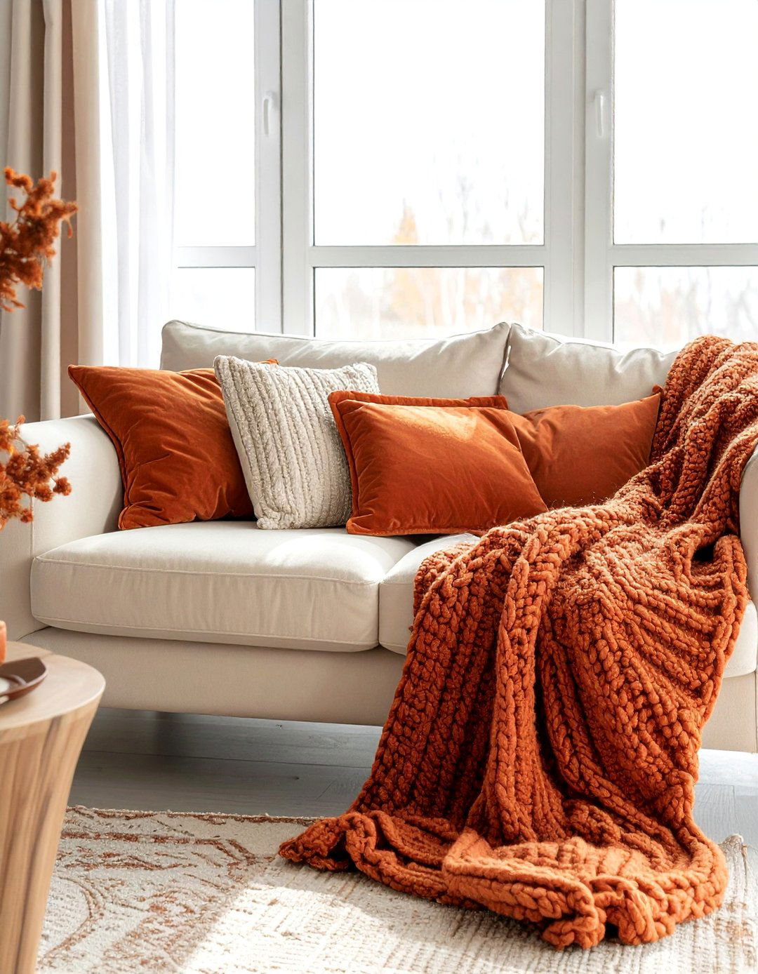 Incorporating Terracotta Through Throw Pillows and Blankets - 20 Terracotta Living Room Ideas for a Cozy Ambiance