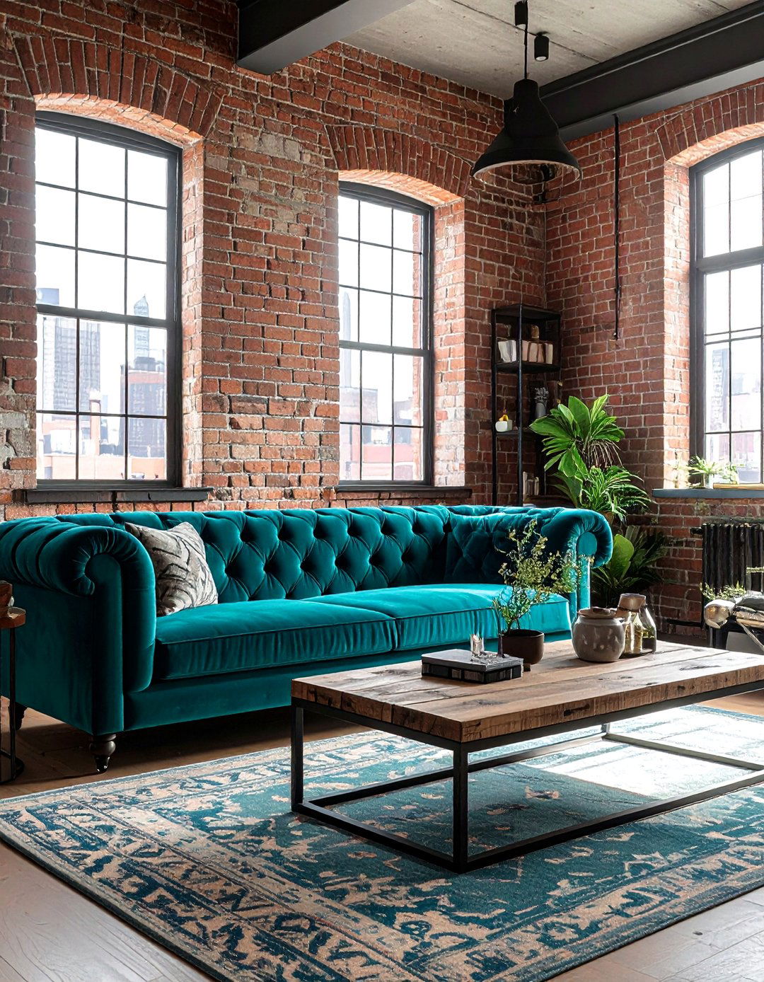 Industrial Loft Style with a Teal Couch - 20 Teal Couch Living Room Ideas for a Stylish Look