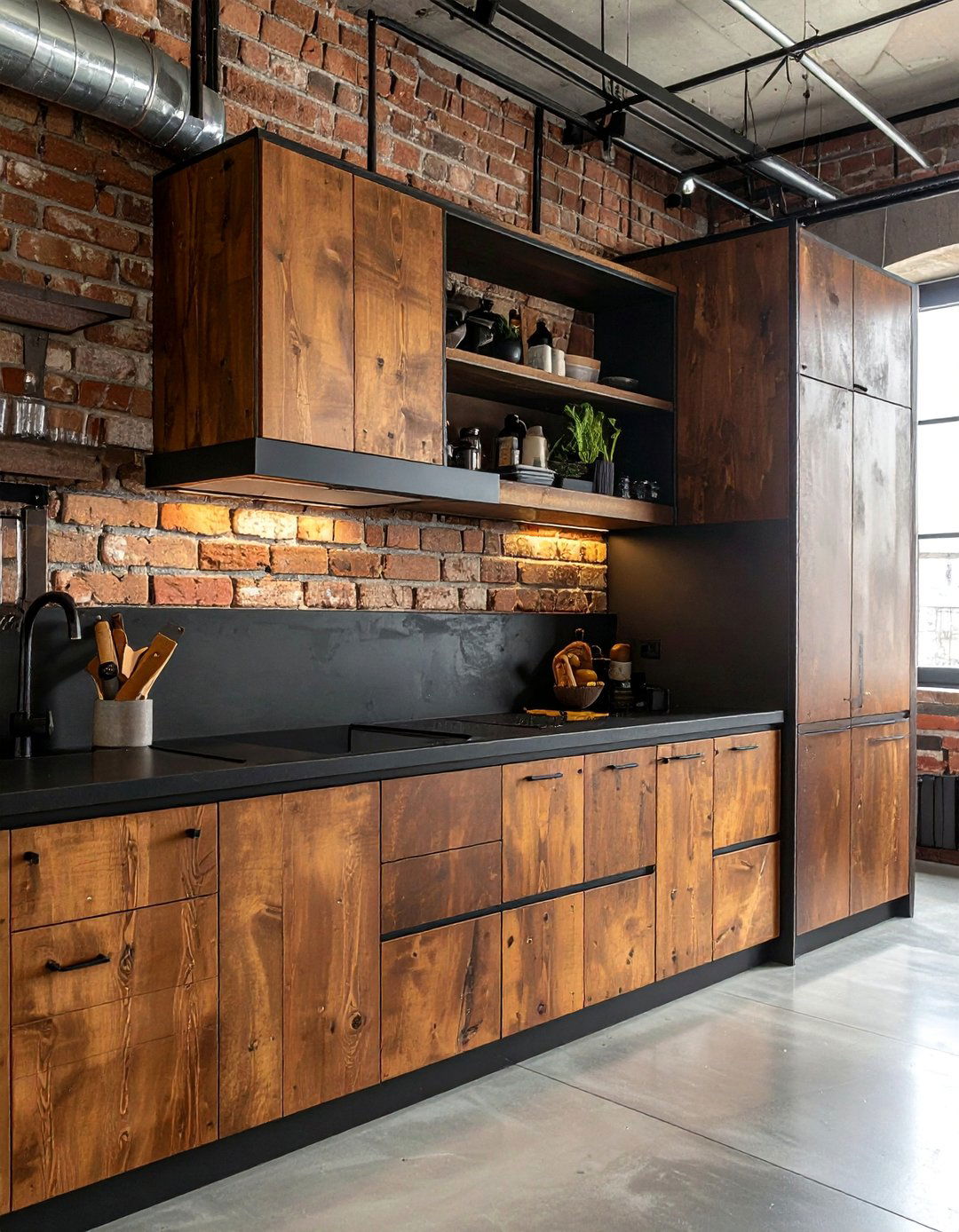 Industrial Style Kitchen With Reclaimed Brown Wood Cabinets - 25 Brown Kitchen Cabinets With Black Countertops Ideas