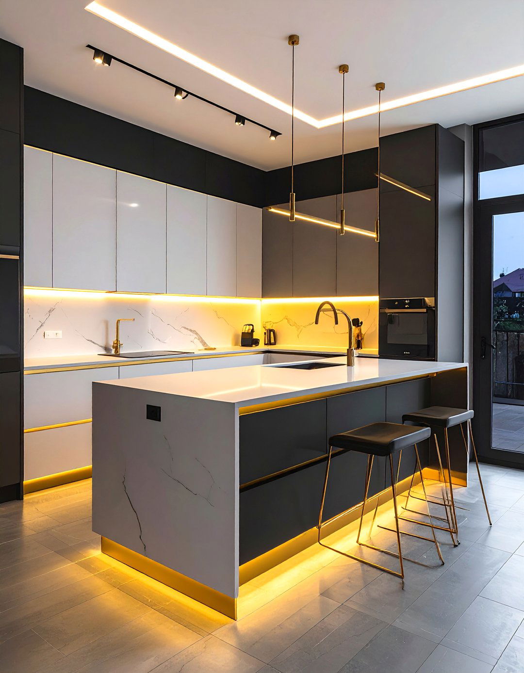 Integrated Lighting with Gold Fixtures - 25 Black White and Gold Kitchen Ideas for Elegance