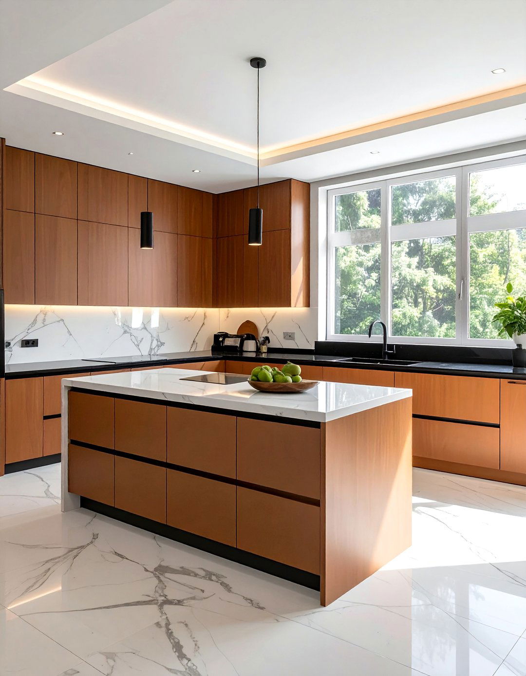Kitchen Island With Brown Cabinets and A Contrasting White Countertop - 25 Brown Kitchen Cabinets With Black Countertops Ideas