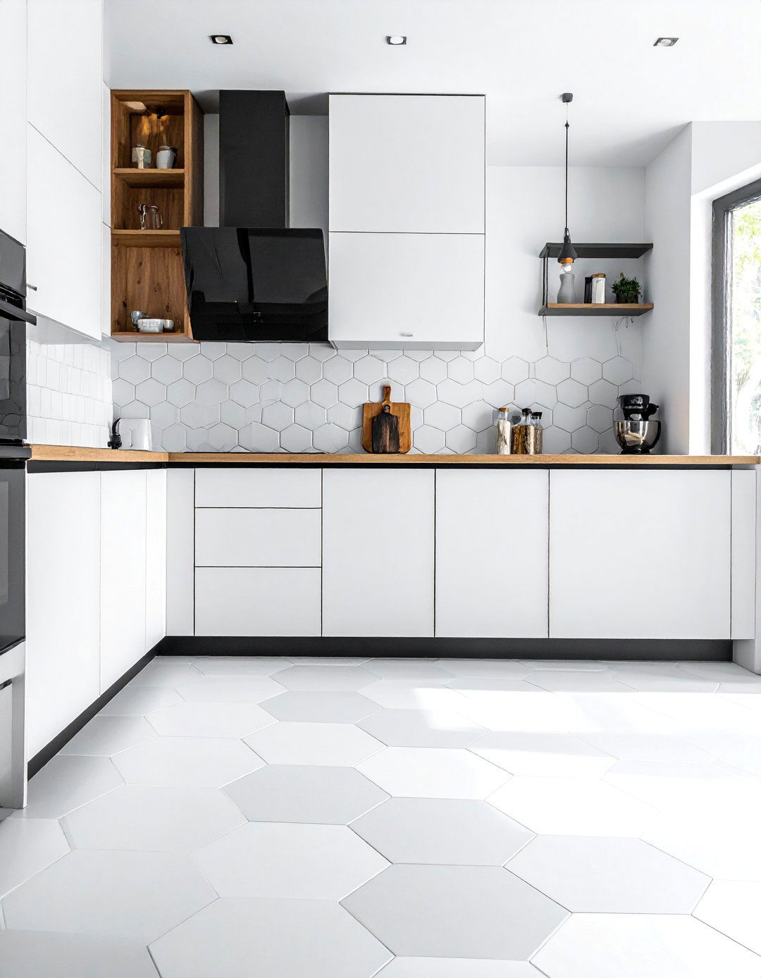 Matte Finish White Hexagonal Kitchen Floor Tile - 25 White Kitchen Floor Ideas for a Clean Look