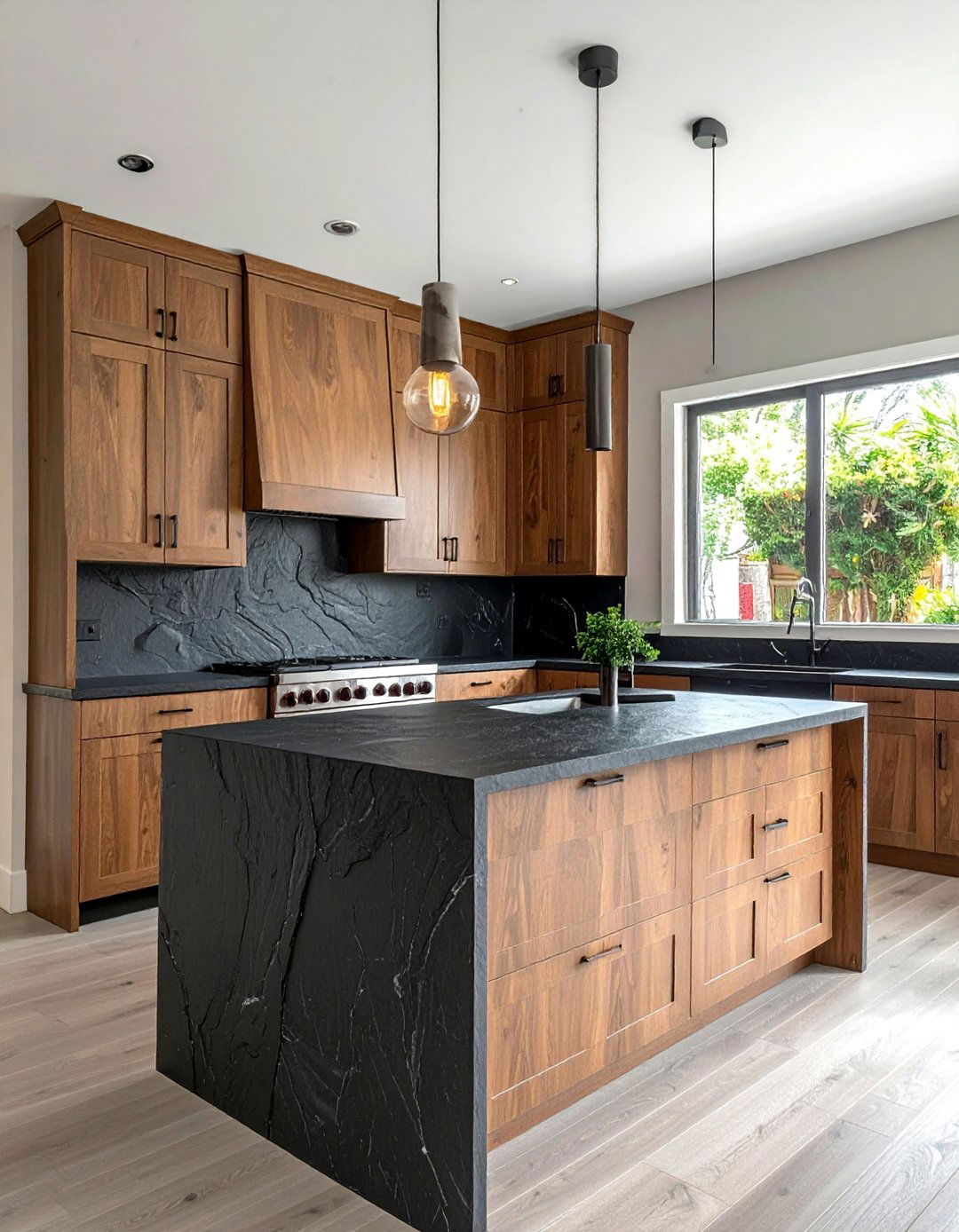 Medium Brown Cabinets With a Textured Black Laminate Countertop - 25 Brown Kitchen Cabinets With Black Countertops Ideas