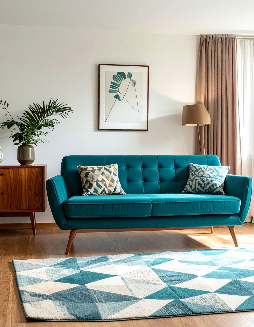 Mid Century Modern Room with a Teal Couch - 20 Teal Couch Living Room Ideas for a Stylish Look
