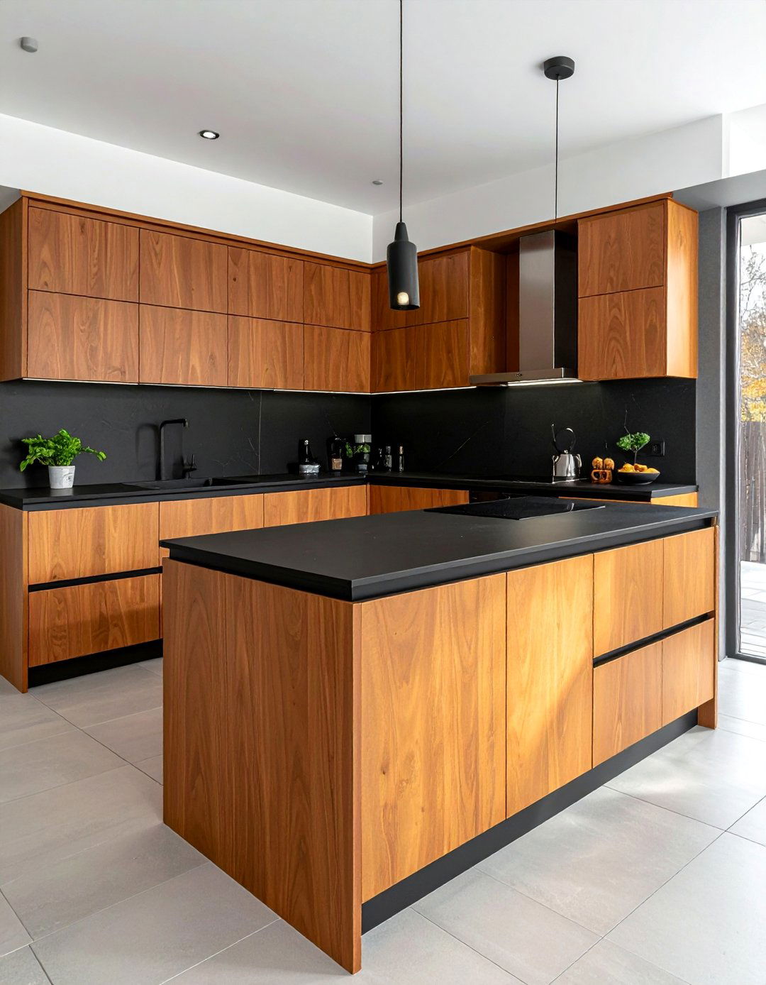 Minimalist Kitchen With Handleless Brown Cabinets - 25 Brown Kitchen Cabinets With Black Countertops Ideas