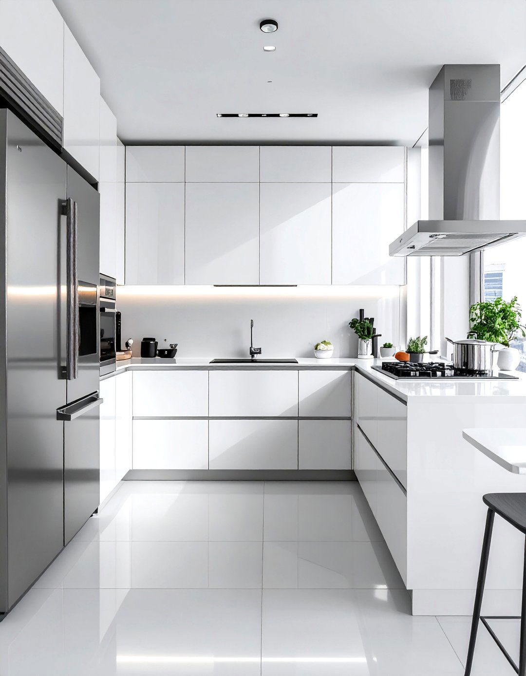 Minimalist White Kitchen with Integrated Stainless Steel Appliances - 25 White Kitchen with Stainless Steel Appliances Ideas