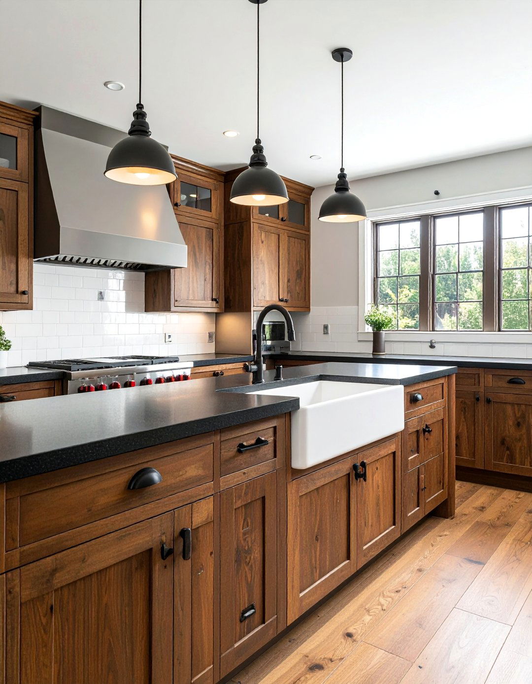 Modern Farmhouse Kitchen With Brown Cabinets and a Black Countertop - 25 Brown Kitchen Cabinets With Black Countertops Ideas
