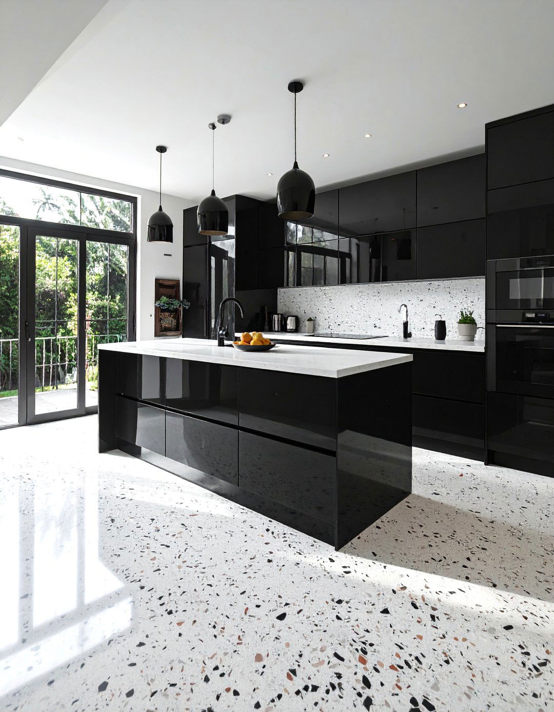 Monochromatic Black and White Terrazzo Kitchen Floor - 20 Terrazzo Kitchen Floor Ideas for a Unique Look