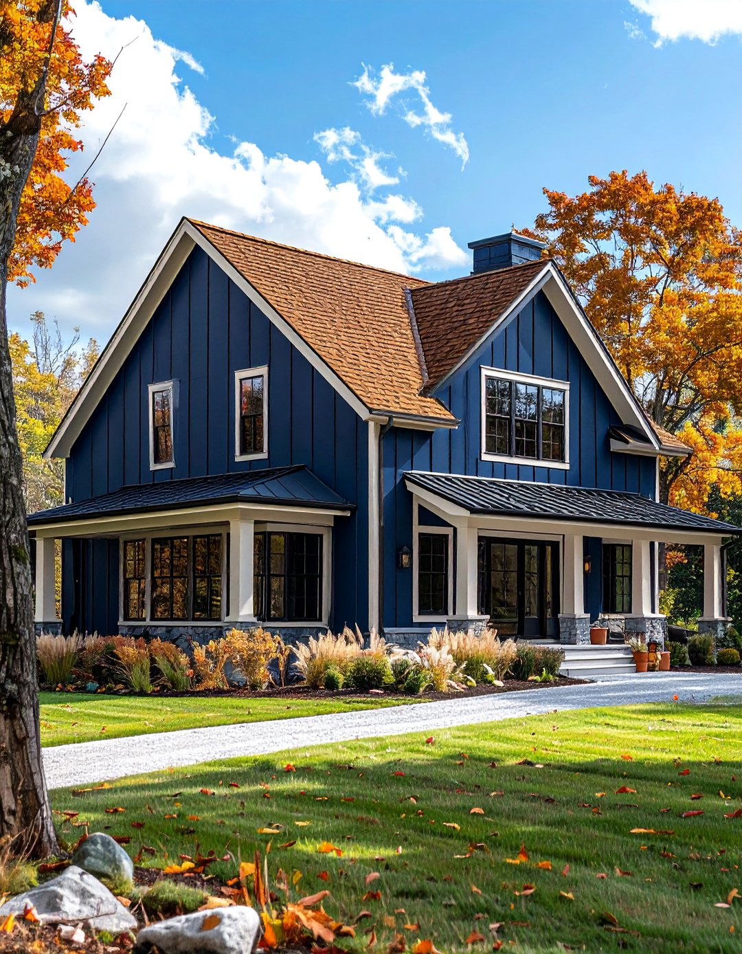 Navy Blue House With a Cedar Brown Roof