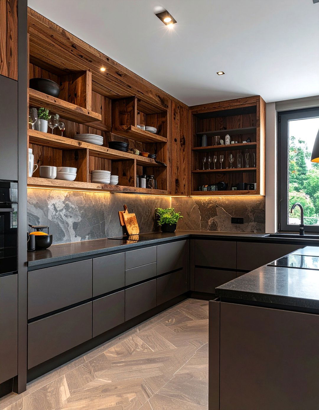 Open Shelving Integrated With Brown Kitchen Cabinets - 25 Brown Kitchen Cabinets With Black Countertops Ideas