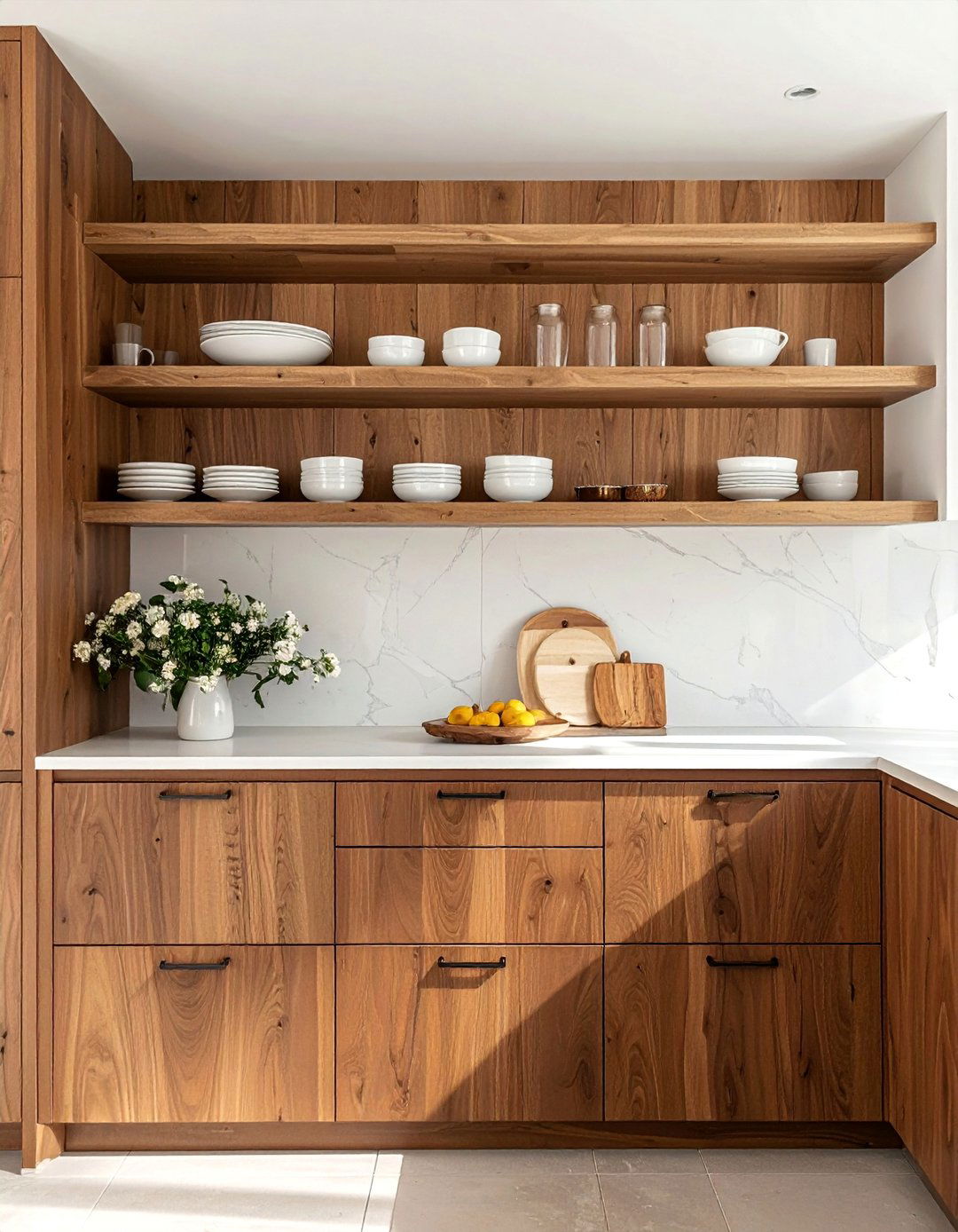 Open Shelving with Brown Base Cabinets - 25 Brown Kitchen Cabinets Ideas for a Warm and Cozy Look