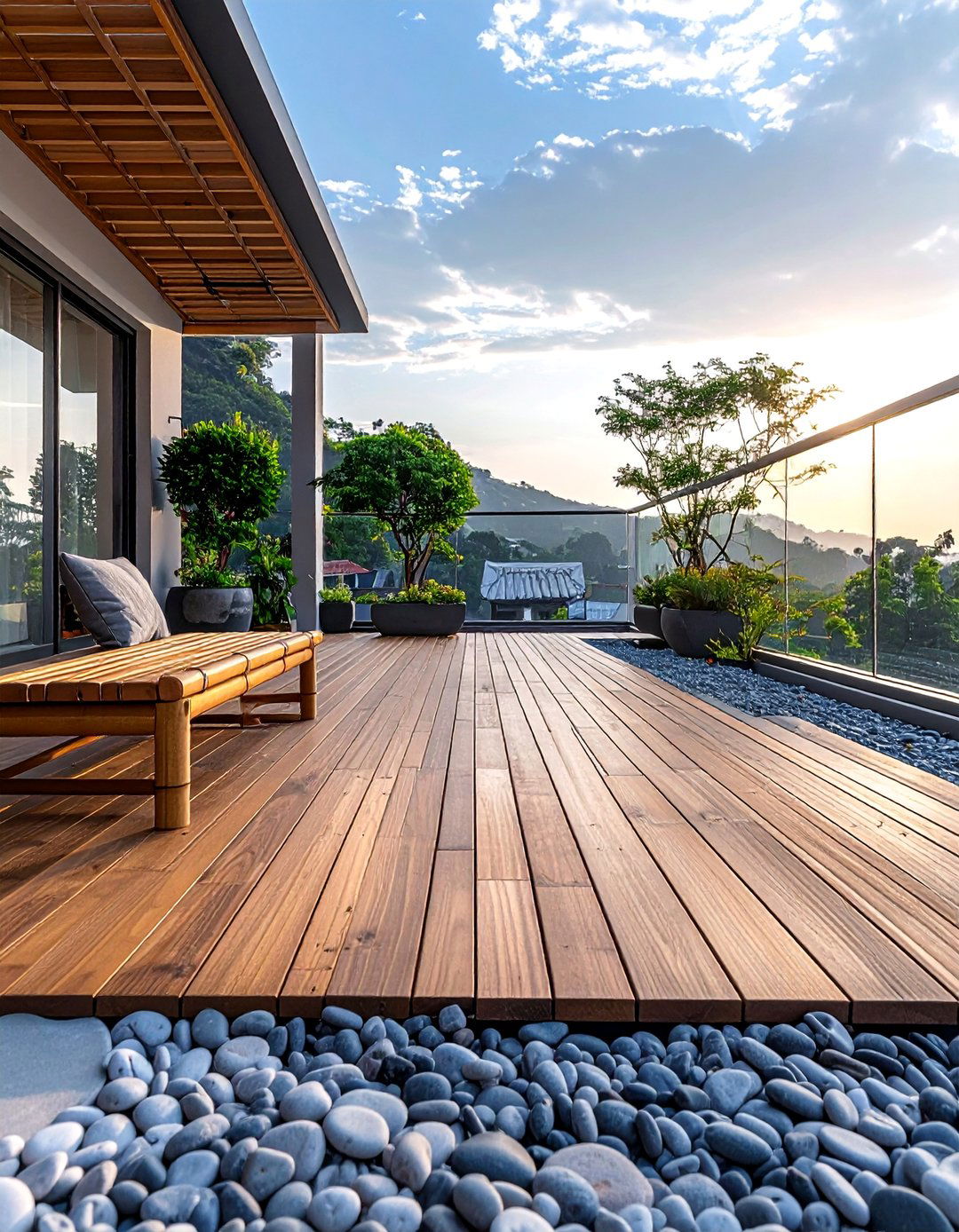 Pebble and Wood Tile Combination Deck - 20 Balcony Deck Ideas for a Beautiful Outdoor Retreat