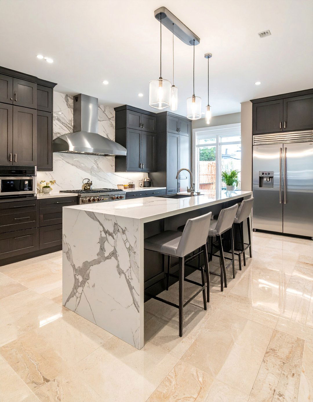 Polished Travertine Floor Kitchen for a High Gloss Look