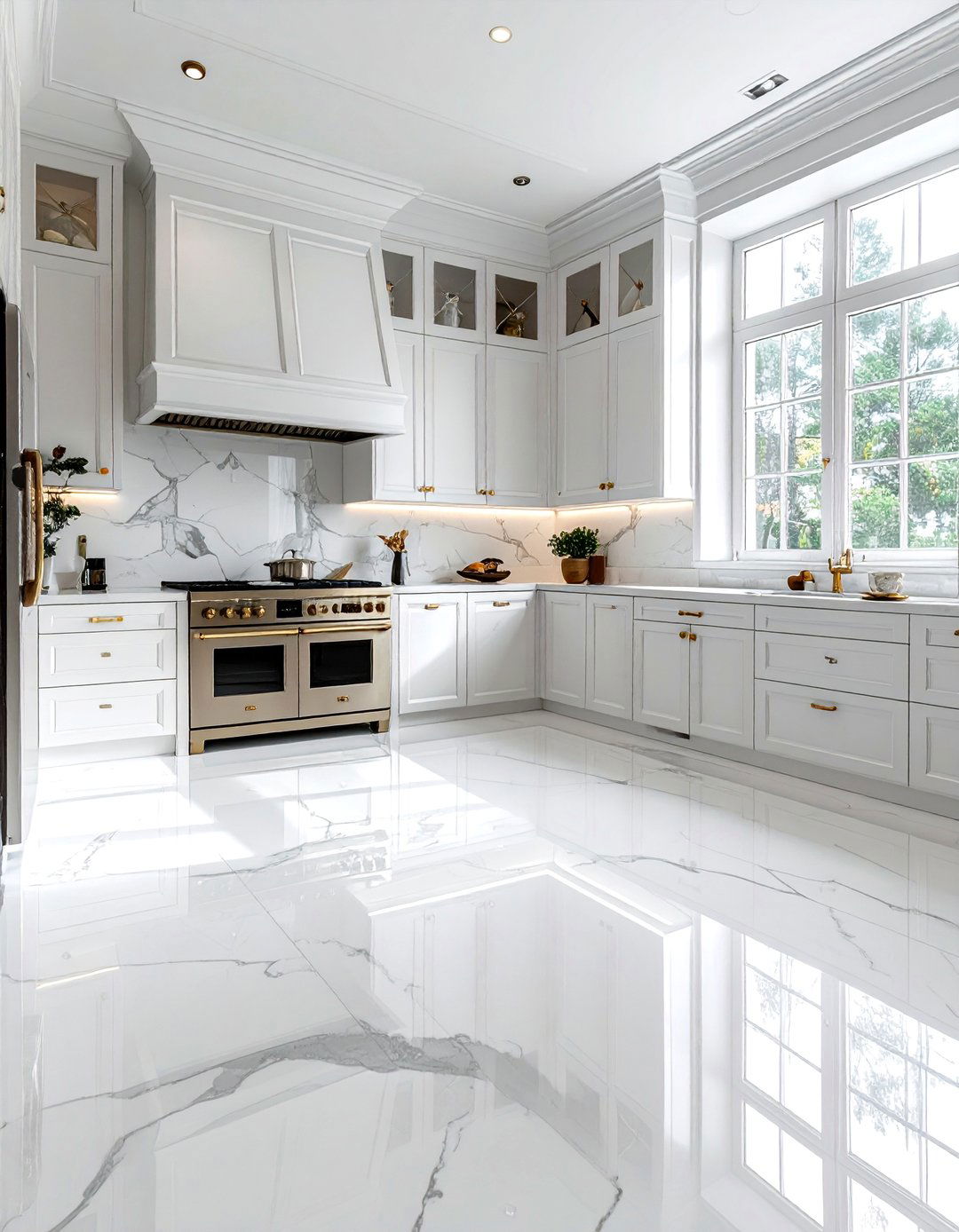 Polished White Marble Kitchen Floor with Gray Veining - 25 White Kitchen Floor Ideas for a Clean Look
