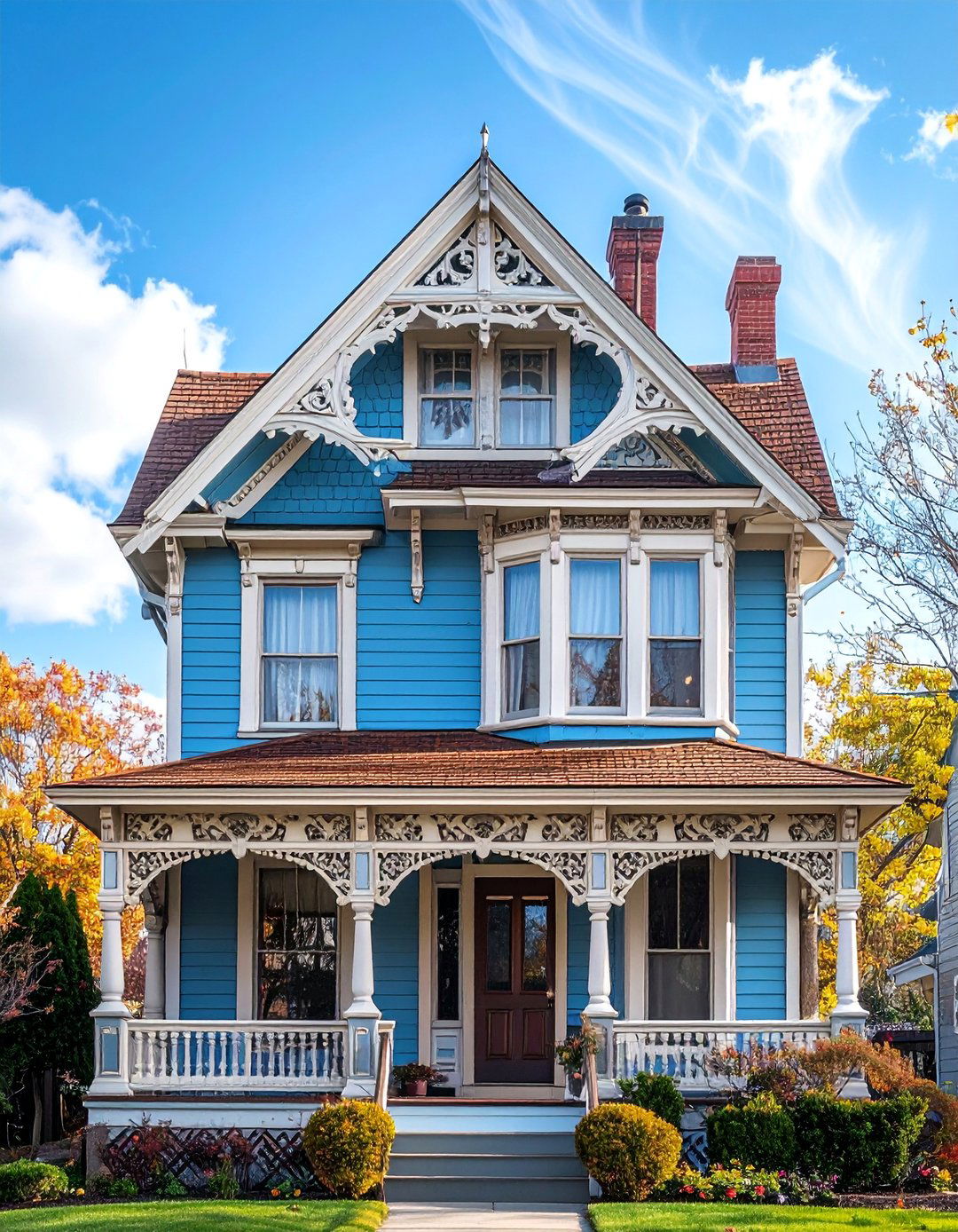 Powder Blue Victorian With an Ornate Brown Roof - 25 Blue Exterior Home With a Brown Roof Ideas