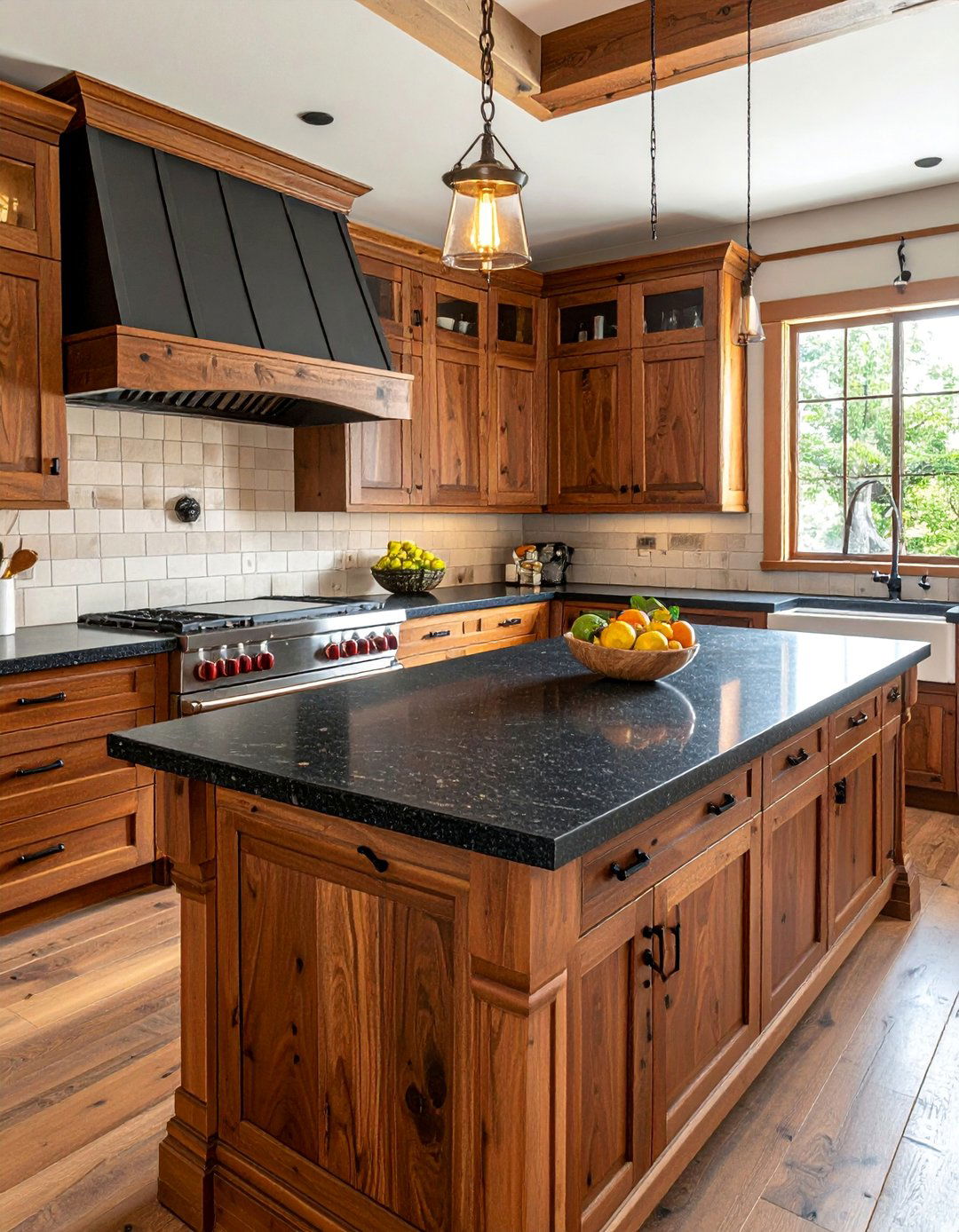Rustic Hickory Brown Cabinets With Leathered Black Granite Countertops - 25 Brown Kitchen Cabinets With Black Countertops Ideas
